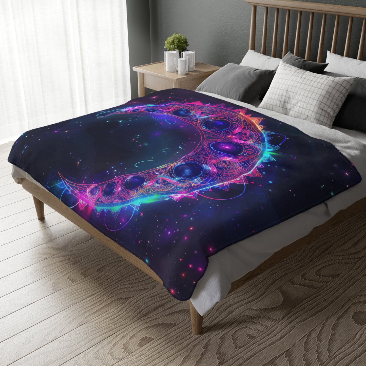 Lunar Phase Electric Mandala Reversible Throw Blanket, Magical Occult Motif, Moon Enthusiast Gift, Spellbinding Decor for Bedrooms and Living Spaces