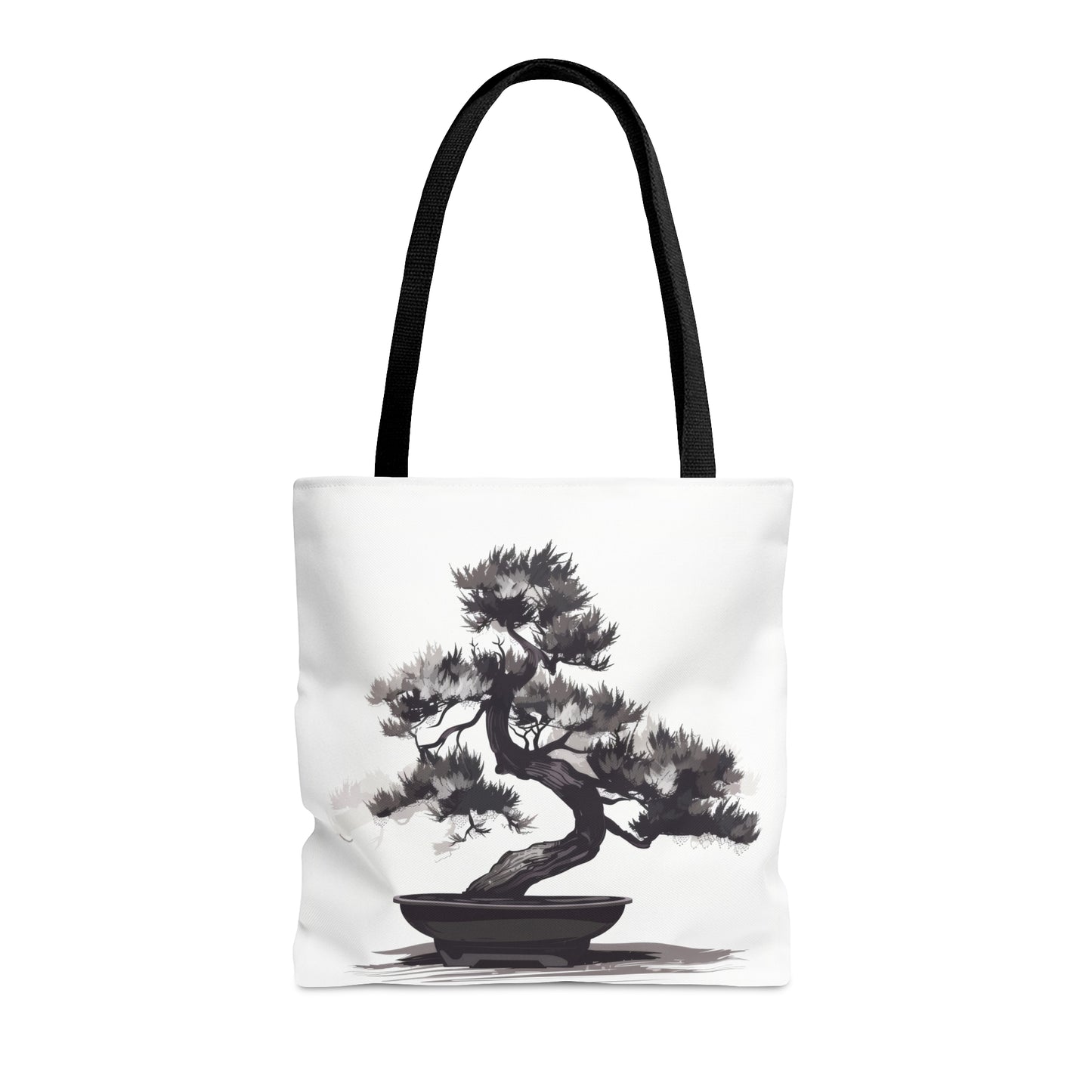 Chinese Ink Style Bonsai Tree Double Sided Tote Bag, Simple Minimalist Aesthetic, Zen Nature Fashion Style, Black Handles, 3 Sizes