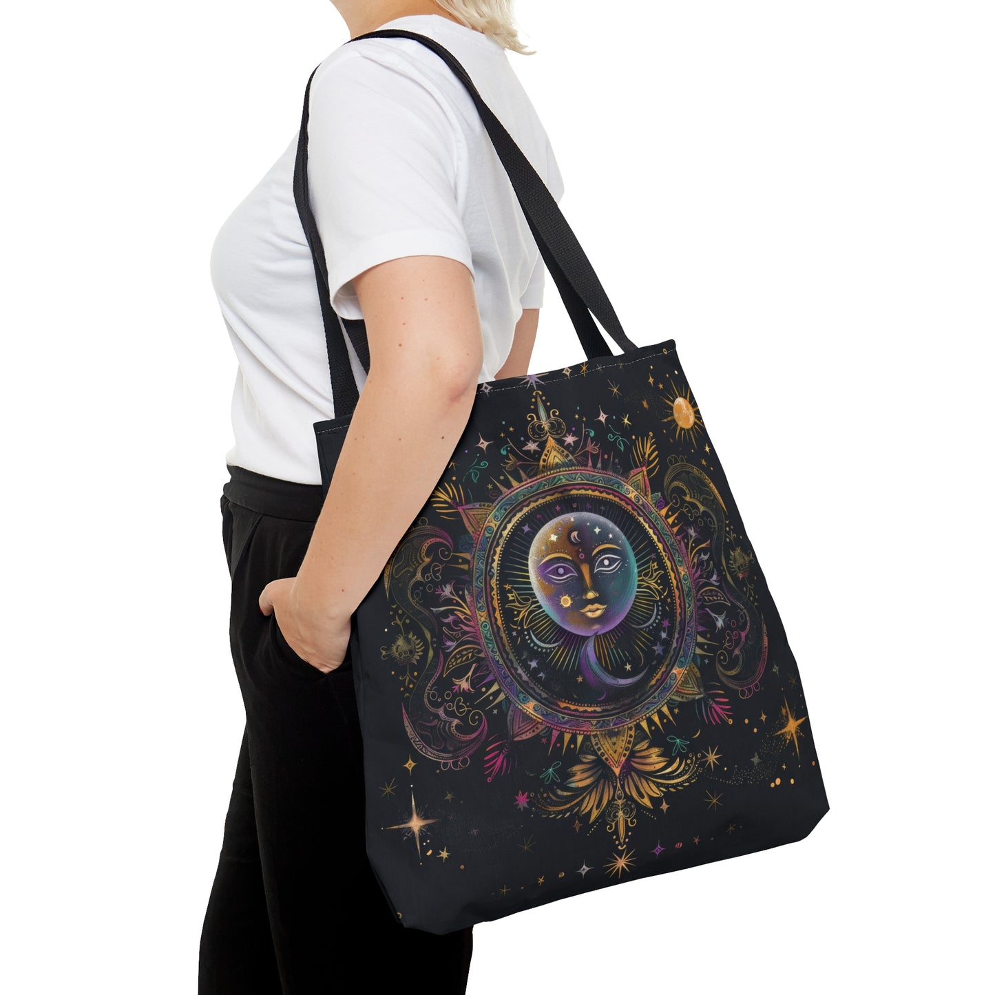 Rainbow Sun Electric Mandala Polyester Tote Bag (Double Sided), Colored Chalk Style, Sacred Geometry Designed Fashion, 3 Sizes, Black Handles