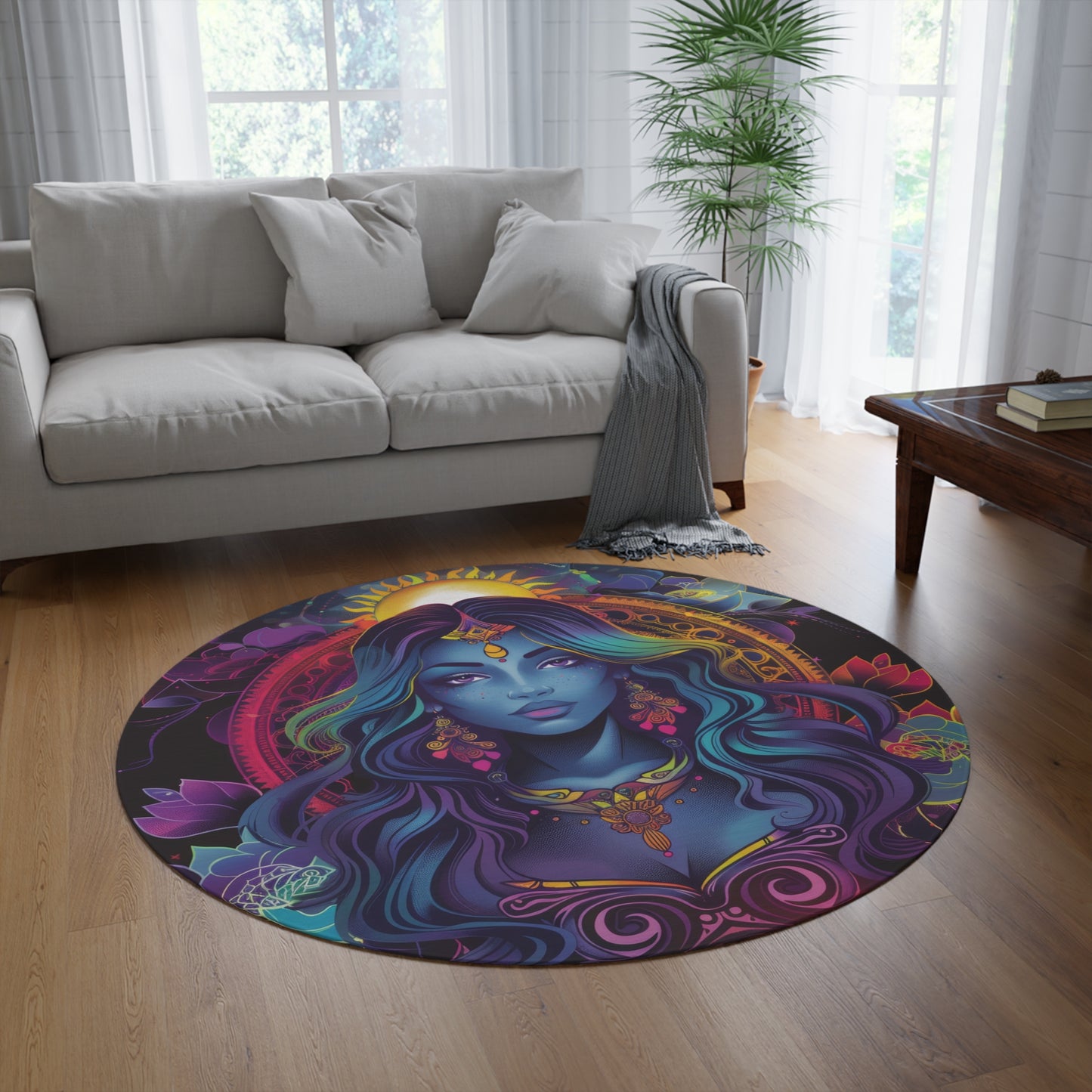 Cosmic Goddess Chenille Round Area Rug, Celestial Neon Design, Trippy Psychedelic Bedroom, Living and Meditation Space Decor