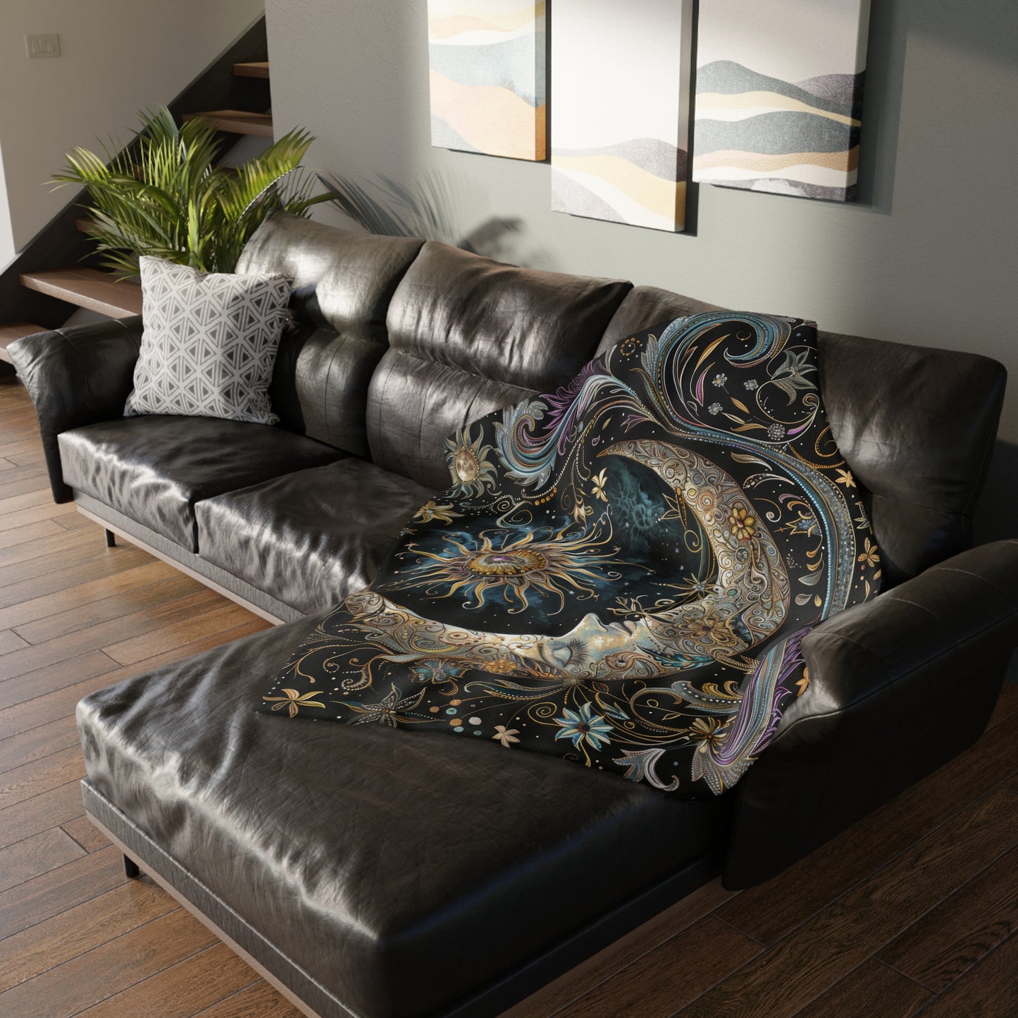 Crescent Moon & Sun Double Sided Throw Blanket, Folk Design, Art Nouveau Aesthetic, Mystical Magical Bedroom, Living, and Dorm Room Decor