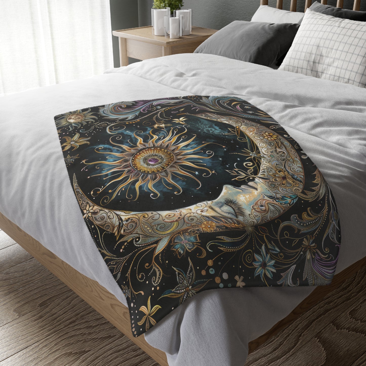 Crescent Moon & Sun Double Sided Throw Blanket, Folk Design, Art Nouveau Aesthetic, Mystical Magical Bedroom, Living, and Dorm Room Decor