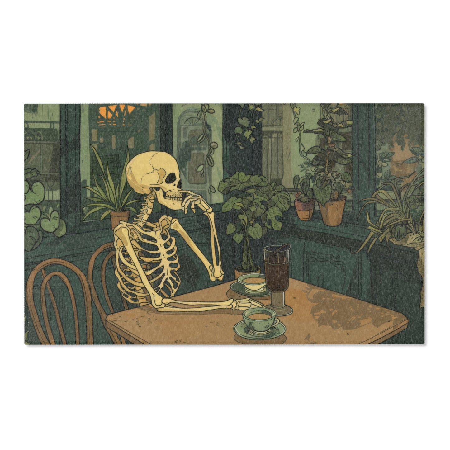 Skeleton Drinking Coffee in Paris Cafe Chenille Area Rug (3 Sizes), Cottagecore Design, Cozy Romantic Aesthetic Bedroom, Living, and Dorm Room Decor