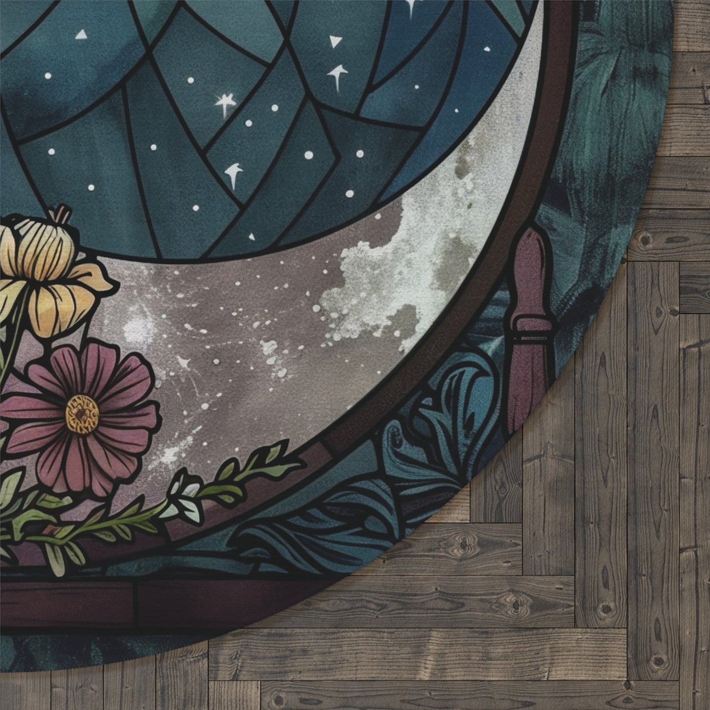 Crescent Moon and Blooms Stained Glass Chenille Rug, Enchanted Night Floral Circle Mat, Serene Home Decor for Living and Sleep Spaces