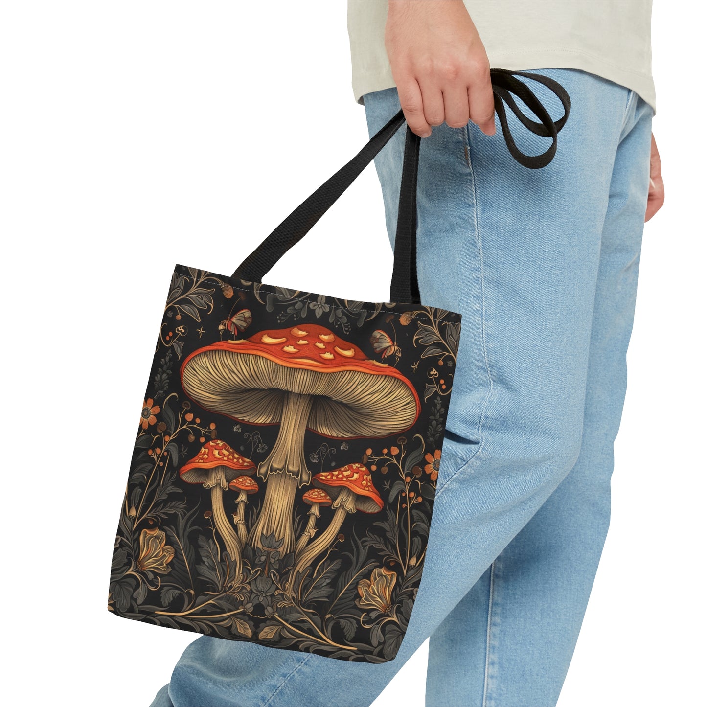 Enchanted Forest Mushroom & Wildflower Polyester Tote Bag (Double Sided) - Dark Cottagecore Charm, 3 Sizes, with Black Handles