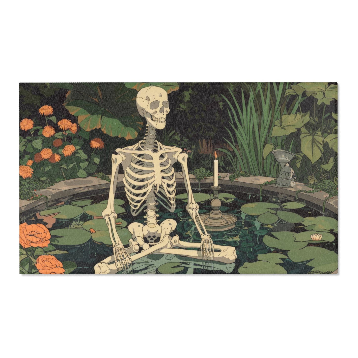 Skeleton Meditating in Zen Garden Chenille Area Rug (3 Sizes), Cottagecore Design, Gothic Folk Aesthetic Bedroom, Living, and Dorm Room Decor