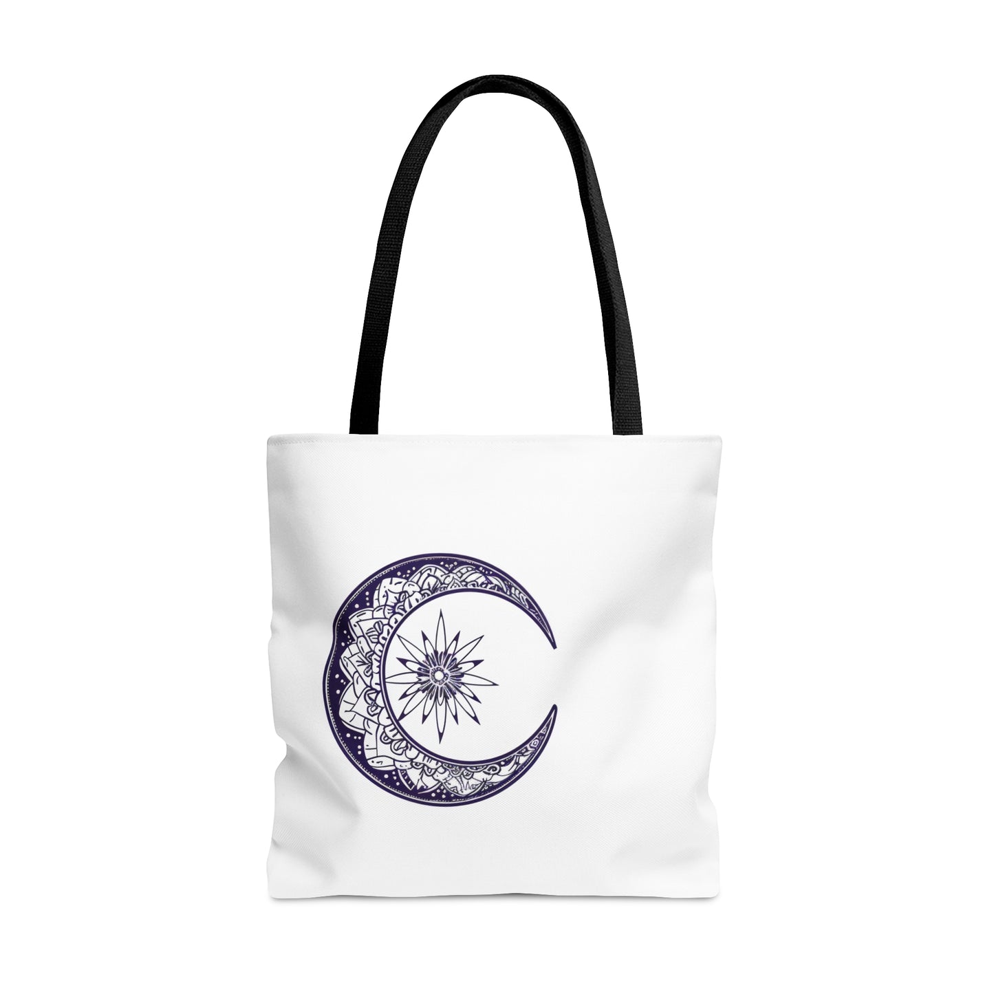 Mandala Crescent Moon Polyester Tote Bag (3 Sizes), Intricate Bohemian Design, Spiritual Zen Fashion Style, Black Handles, Celestial Aesthetic