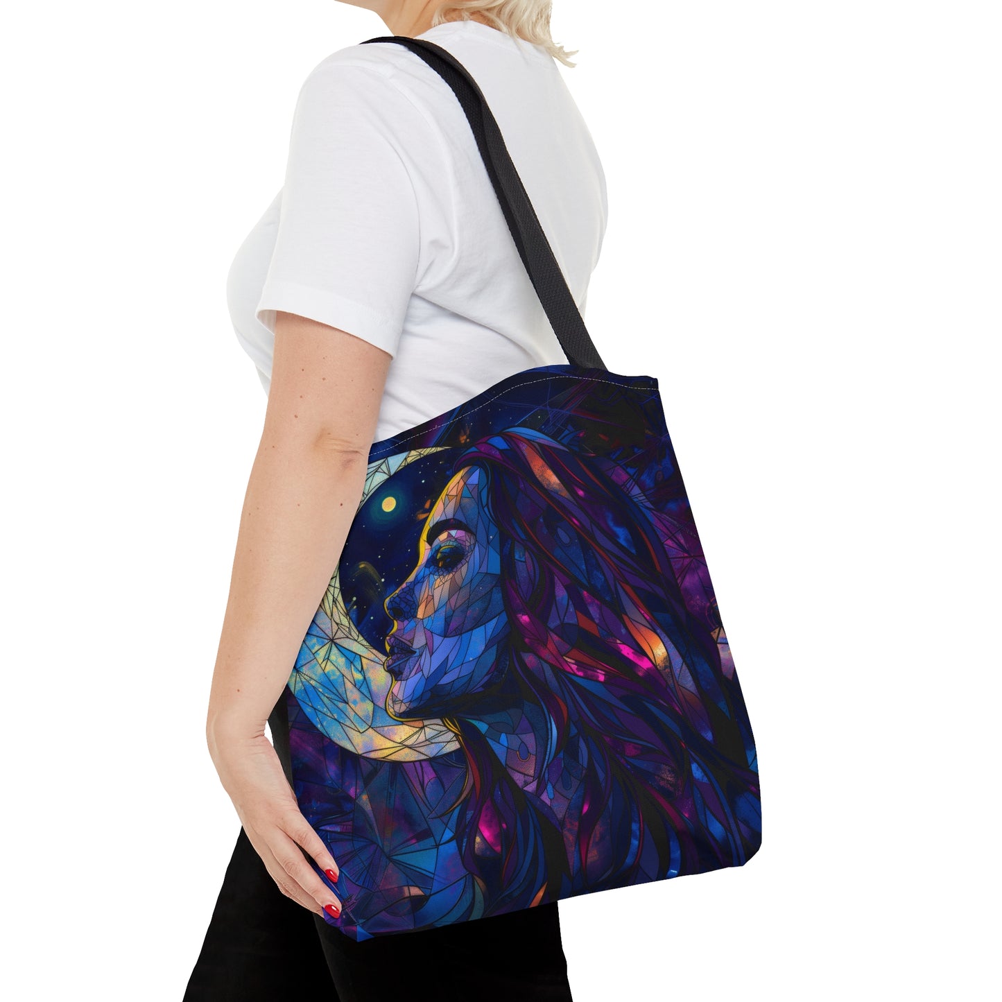Celestial Lunar Goddess Stained Glass Tote Bag, Ethereal Night Sky Design, Artistic Carryall with Black Handles for Daily Use & Inspiration