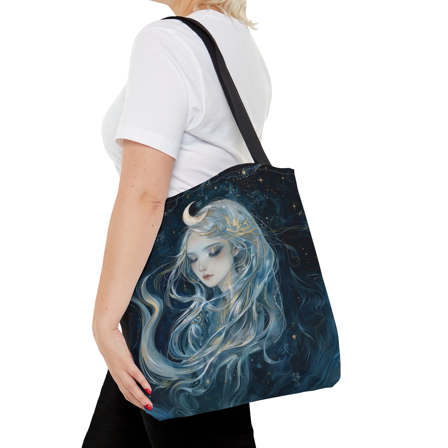Selene's Moonlit Reverie Tote Bag, Dual-Sided Moon Goddess Design, Celestial Elegance, Ethereal Fashion Accessory