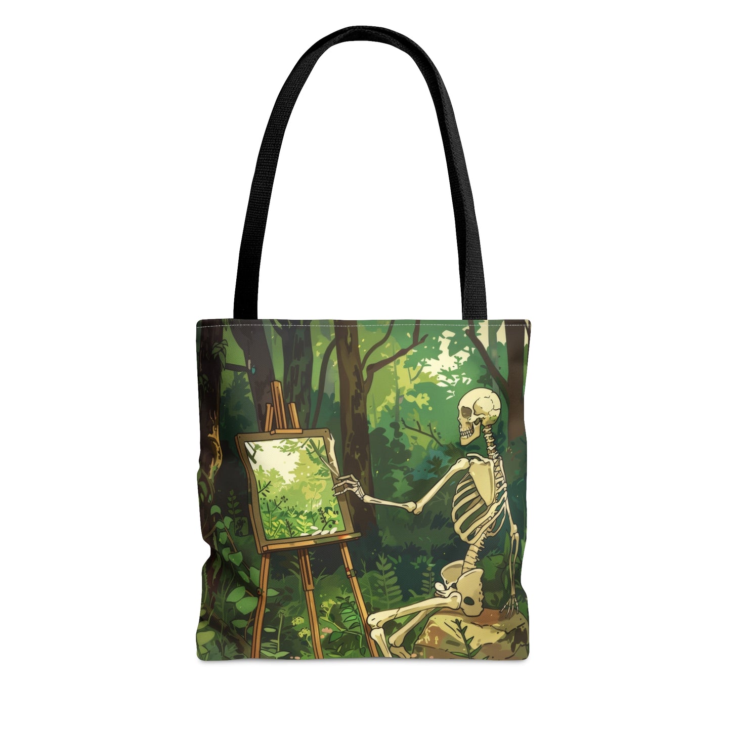 Skeleton Painting Landscape Polyester Tote Bag (Double Sided), Dark Cottagecore Design, Gothic Folk Style Fashion, 3 Sizes, Black Handles