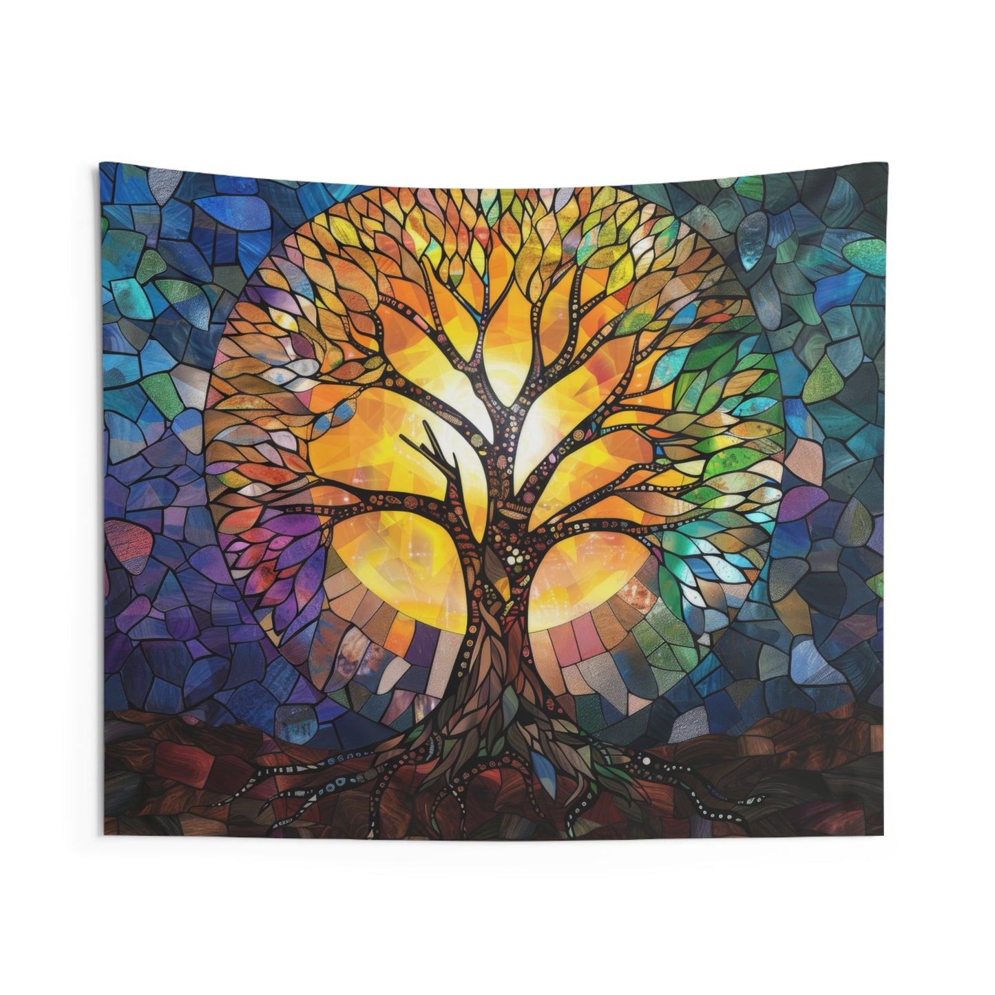 Illuminated Tree of Life Stained Glass Wall Tapestry, Majestic Nature Art, Soulful Decor for Harmonious Living & Meditative Spaces