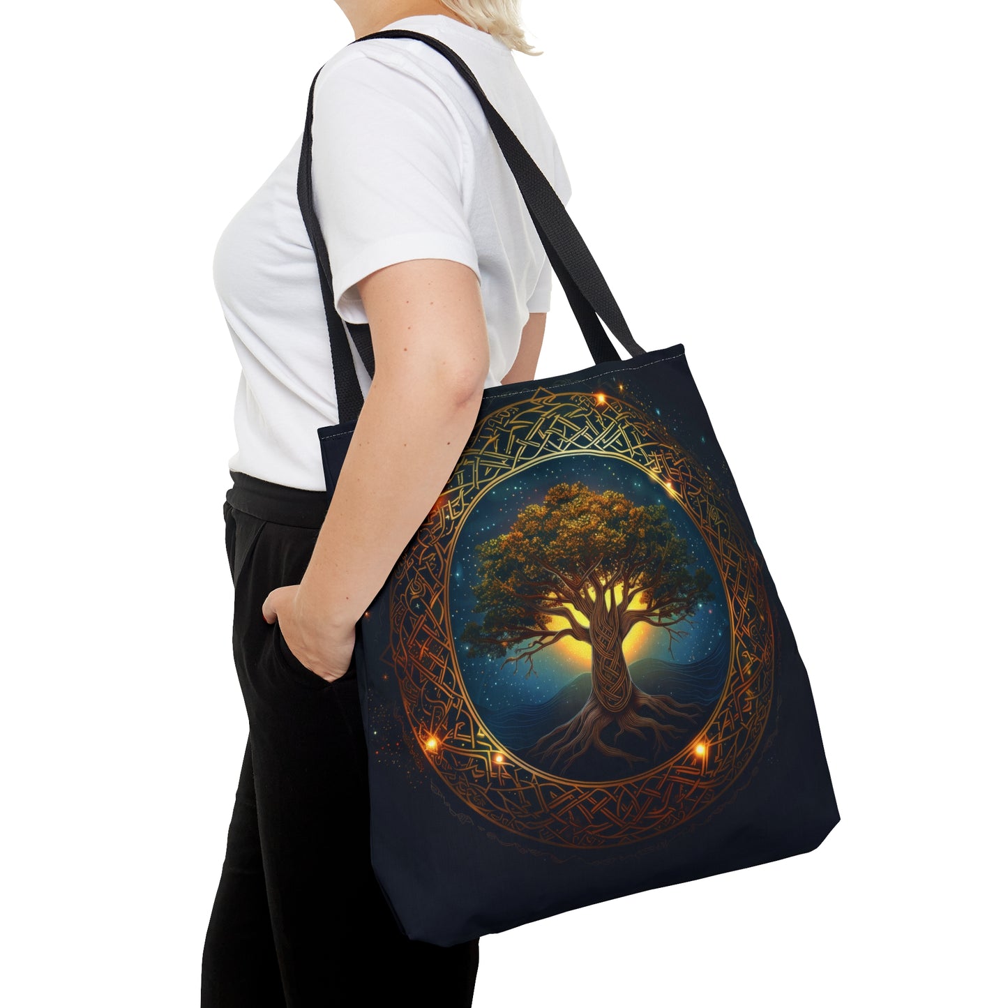 Celtic Tree of Life Mandala Double Sided Tote Bag, Ancient Occult Aesthetic, Folk Nature Fashion Style, 3 Sizes, Black Handles