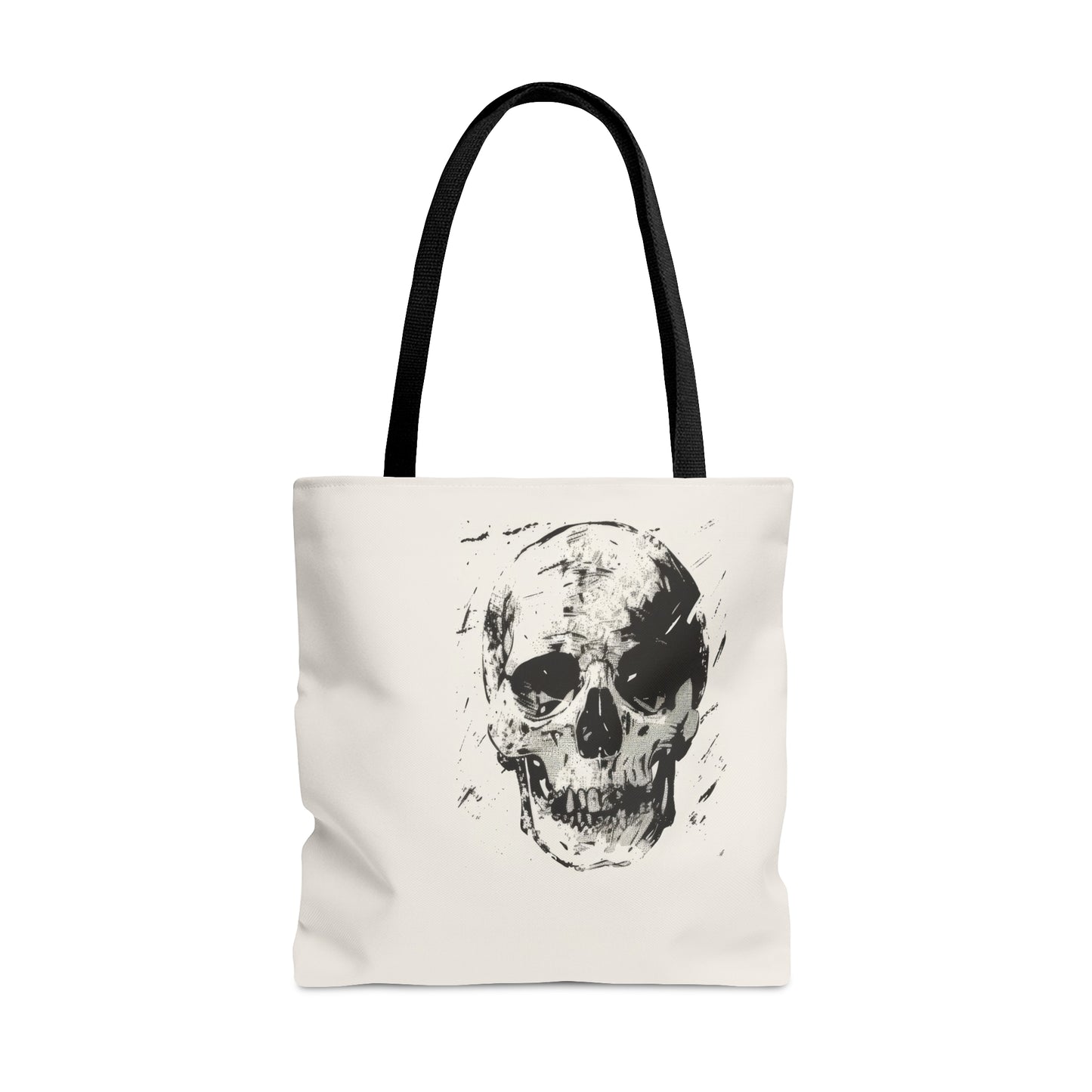Grunge Skull Print Double Sided Tote Bag (3 Sizes), Monochrome Gothic Art Decor, Stylish Edgy Fashion, Black Handles, Minimalist Cryptic Aesthetic
