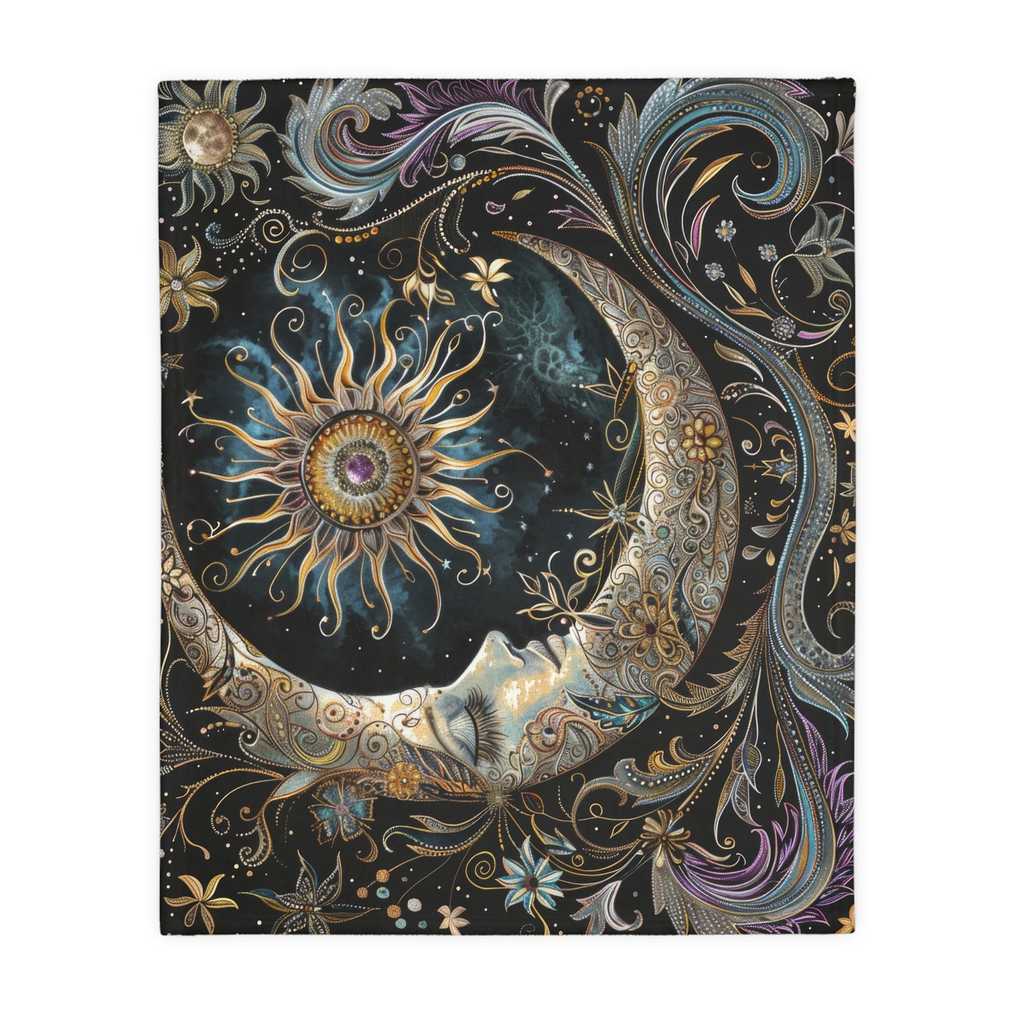 Crescent Moon & Sun Double Sided Throw Blanket, Folk Design, Art Nouveau Aesthetic, Mystical Magical Bedroom, Living, and Dorm Room Decor
