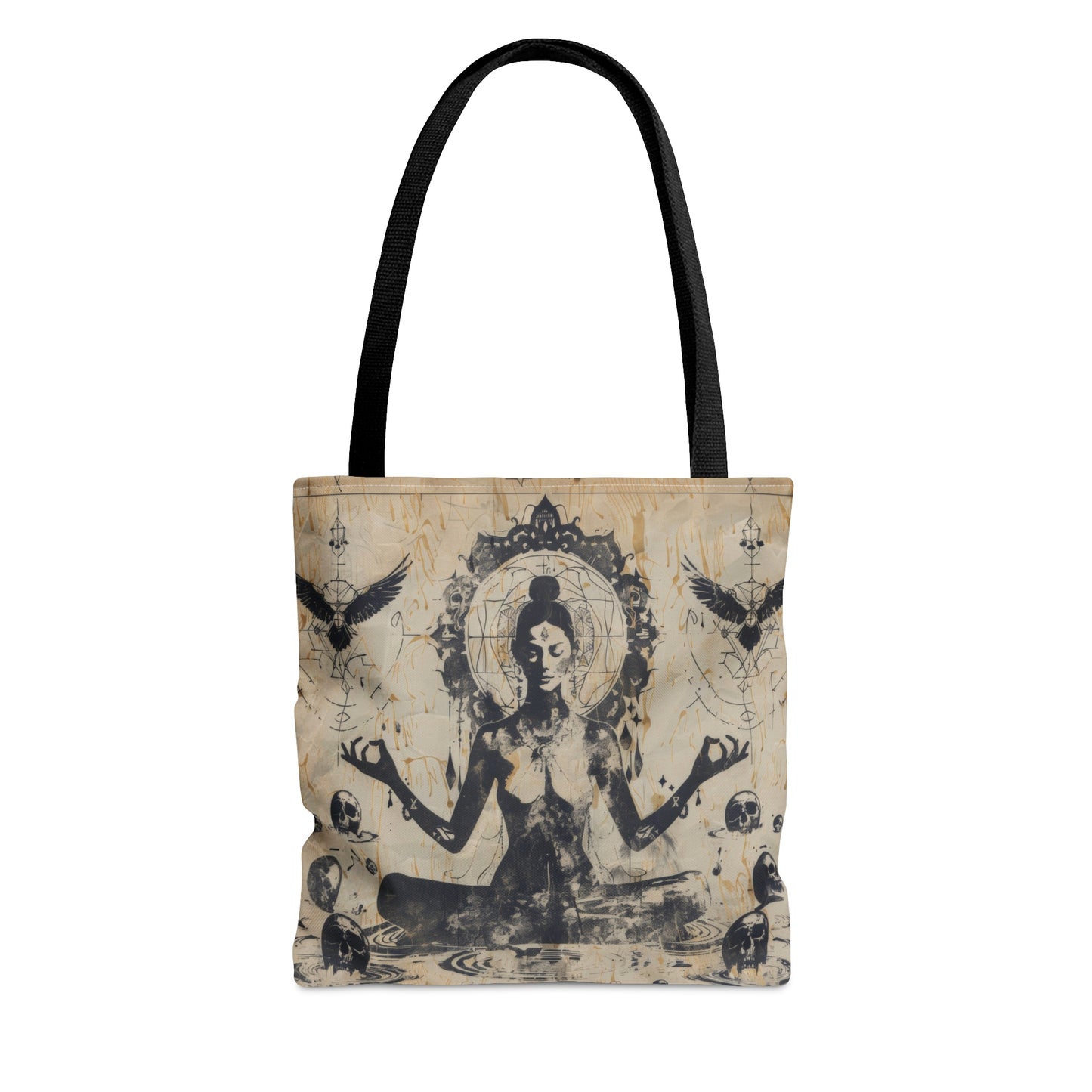 Death Goddess Polyester Tote Bag (Double Sided), Zen Nature Aesthetic, Sacred Geometry Style Fashion, 3 Sizes, Black Handles
