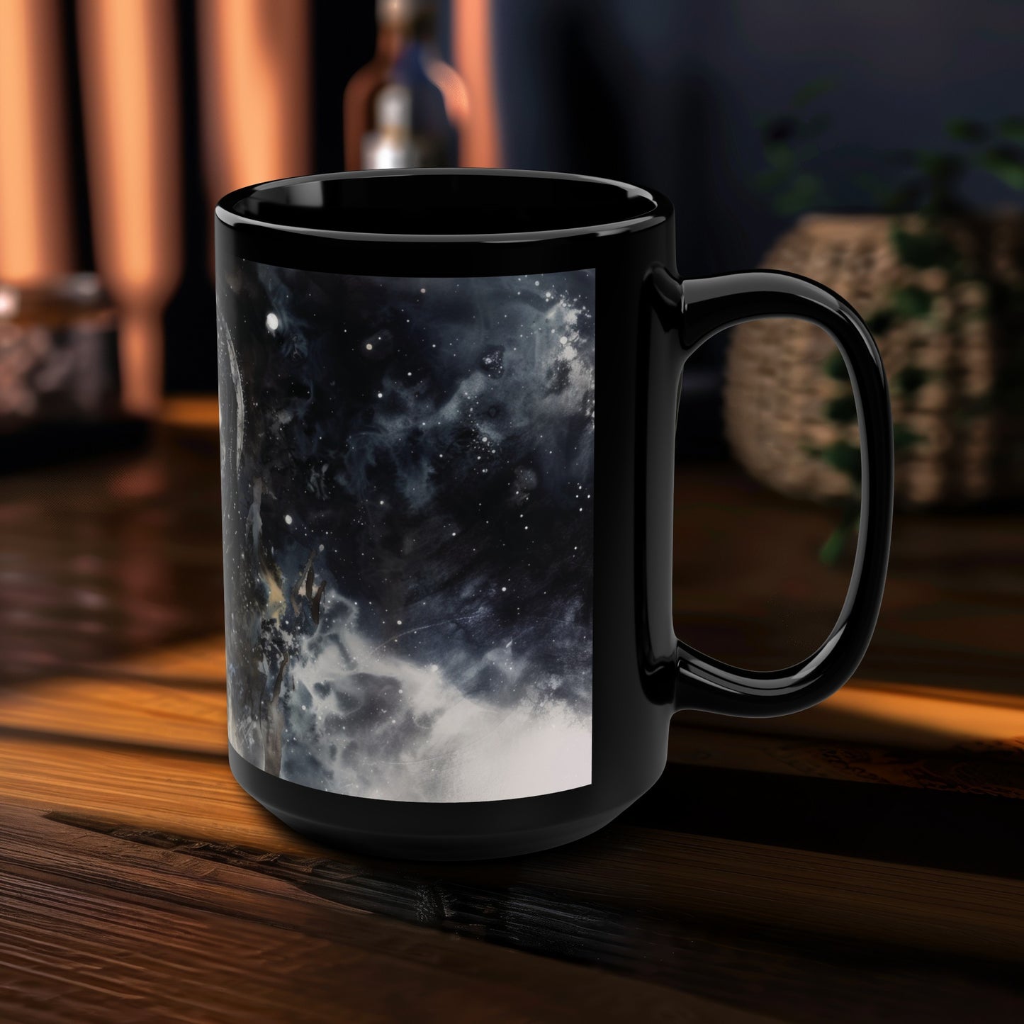 Nyx’s Nocturne 15oz Black Ceramic Mug, Greek Goddess of Night Design, Starlit Elegance, Cosmic Serenity Sipware