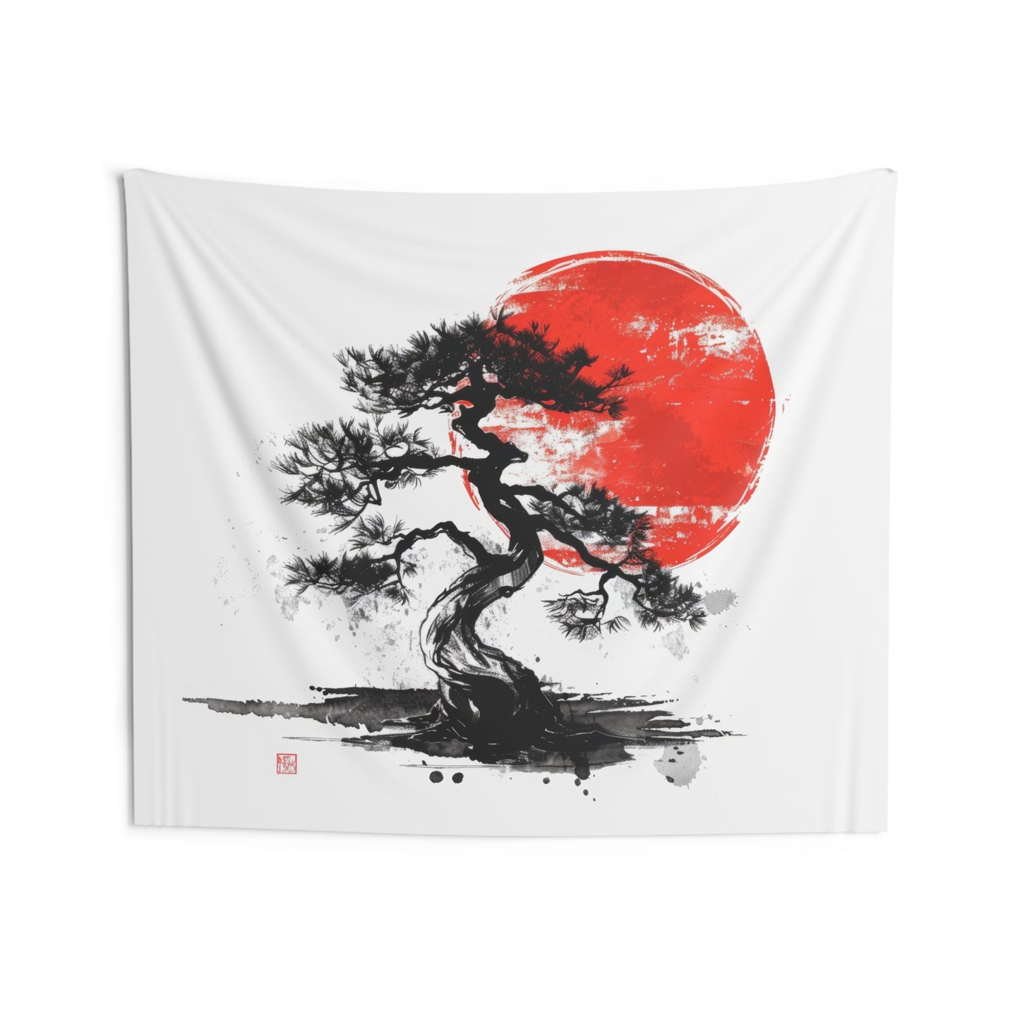 Traditional Chinese Bonsai & Red Sun Wall Tapestry, Elegant Ink Wash Style Art, Serene Zen Decor for Home, Bedroom, Living Space, and Dorms