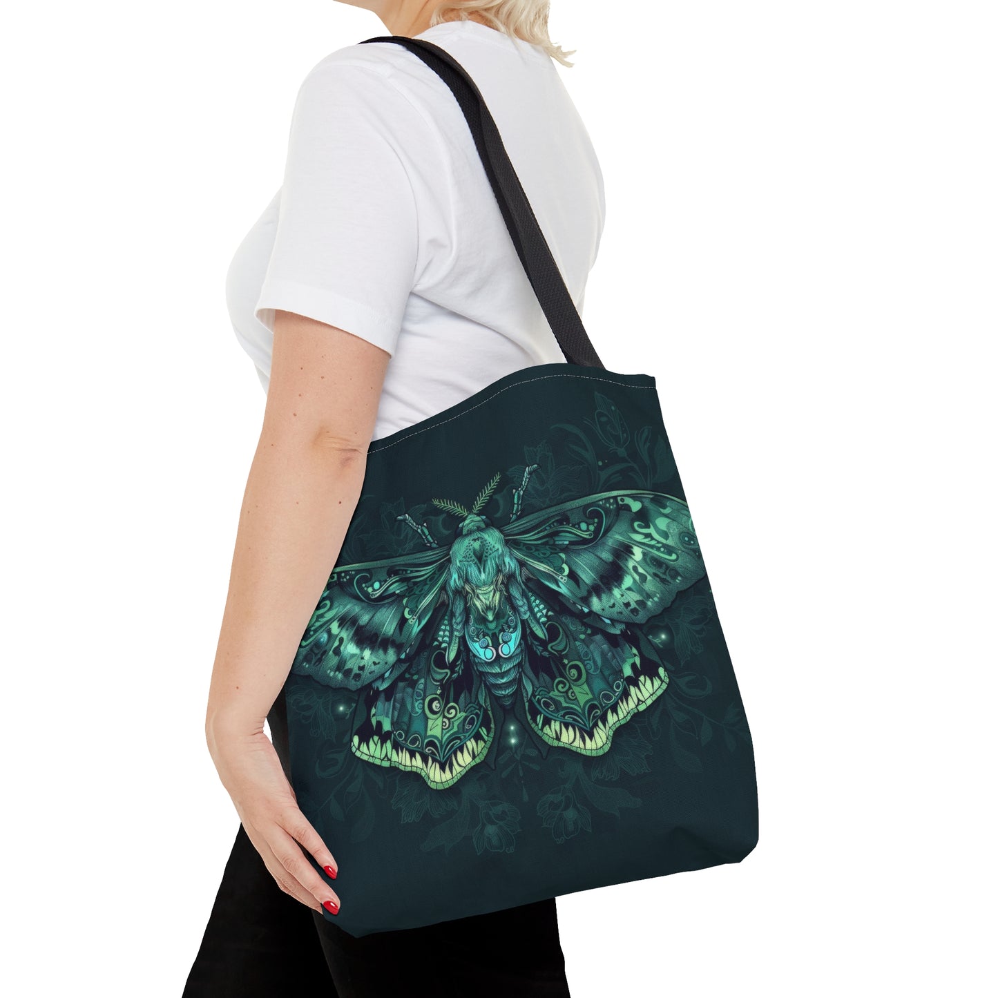Lunar Moth Polyester Tote Bag (Double Sided), Emerald Inspired Design, Green Neon Style Fashion, 3 Sizes, Black Handles