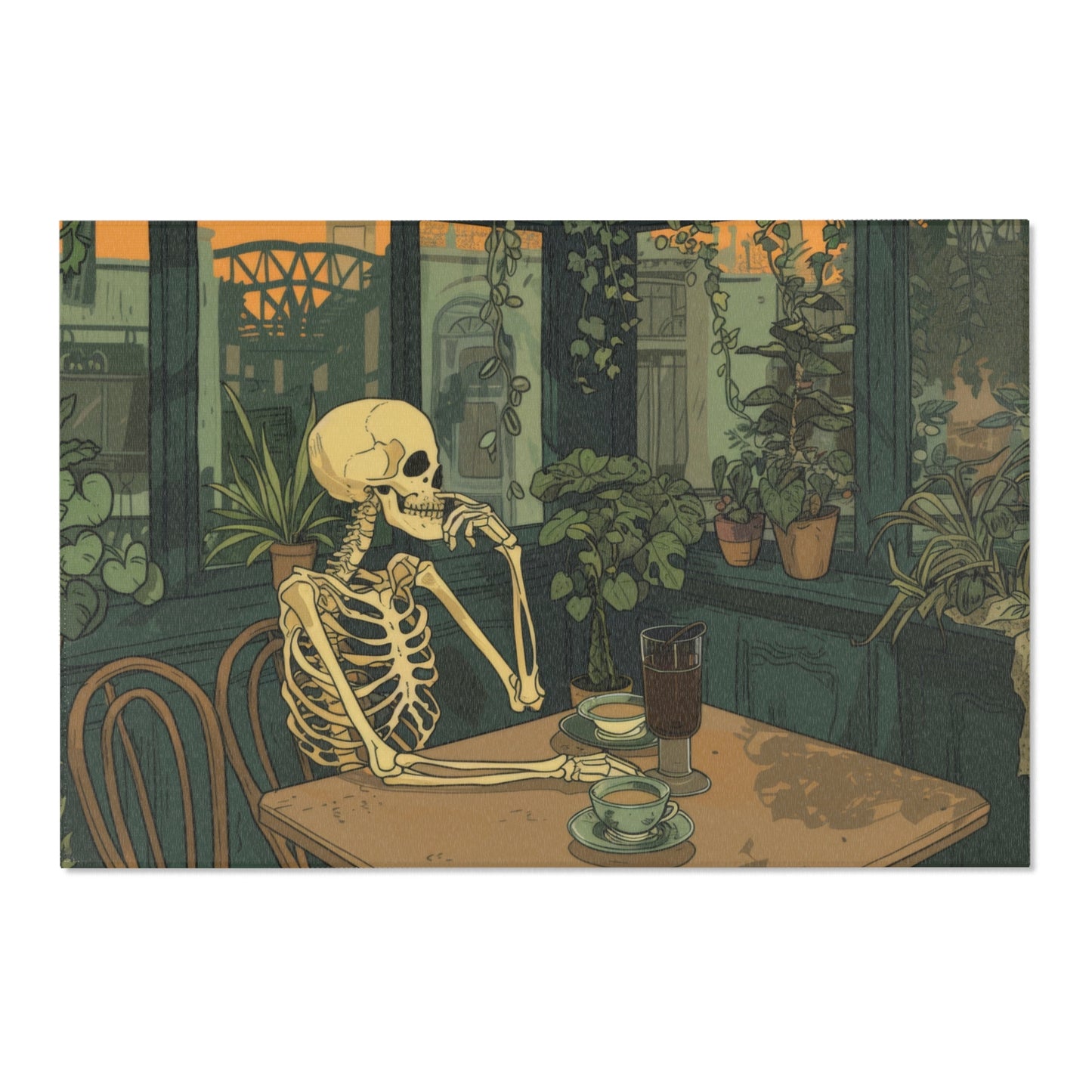 Skeleton Drinking Coffee in Paris Cafe Chenille Area Rug (3 Sizes), Cottagecore Design, Cozy Romantic Aesthetic Bedroom, Living, and Dorm Room Decor