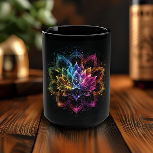 Luminous Lotus 15oz Black Ceramic Mug, Vibrant Energy Motif, Radiant Floral Mandala, Cosmic Bloom Design, Ethereal Color Spectrum Drinkware