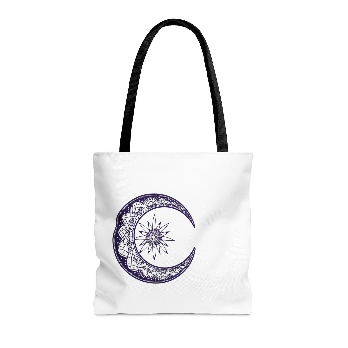 Mandala Crescent Moon Polyester Tote Bag (3 Sizes), Intricate Bohemian Design, Spiritual Zen Fashion Style, Black Handles, Celestial Aesthetic