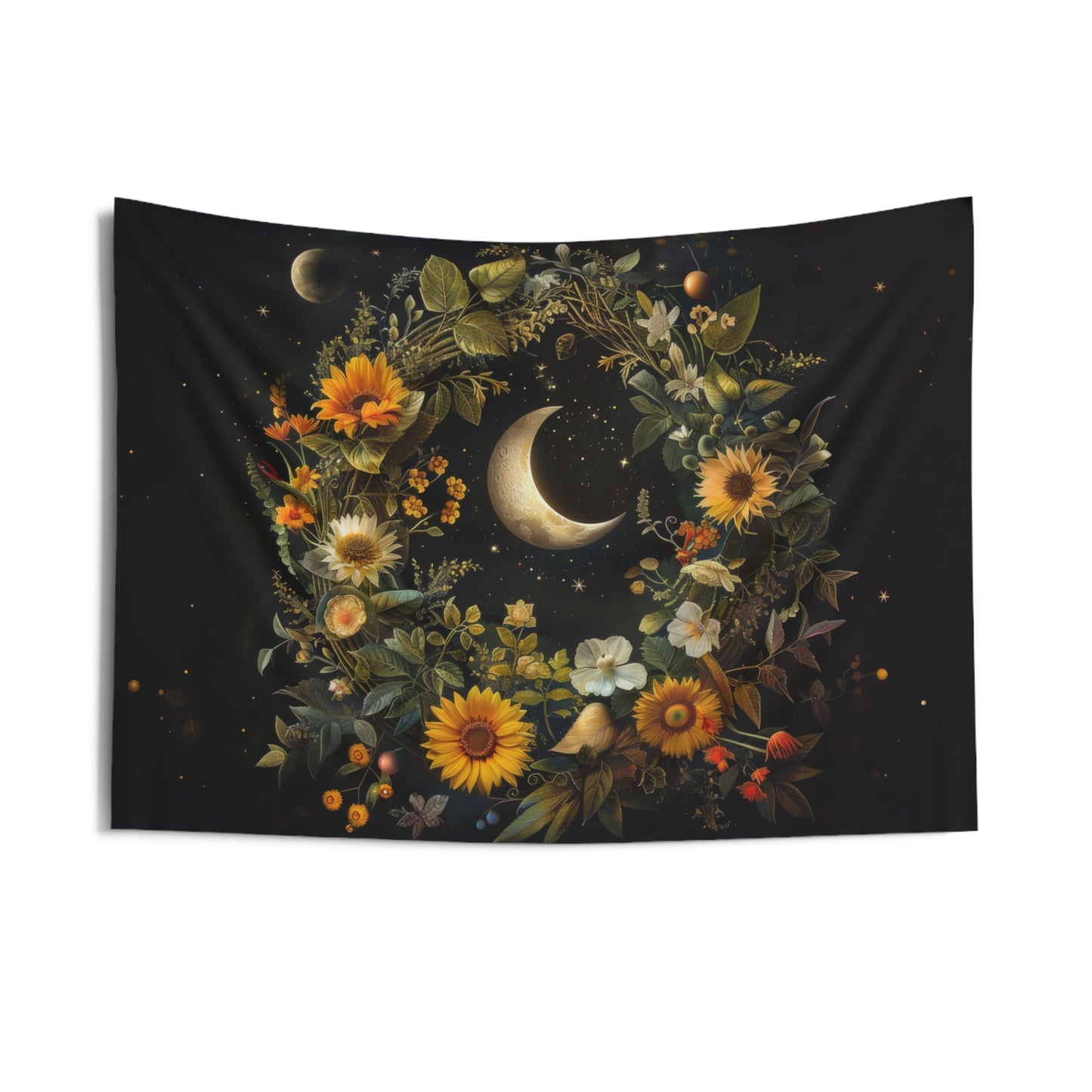 Crescent Moon & Wildflower Mandala Indoor Wall Tapestry, Dark Cottagecore Design, Nature Aesthetic Bedroom, Living, and Dorm Room Decor
