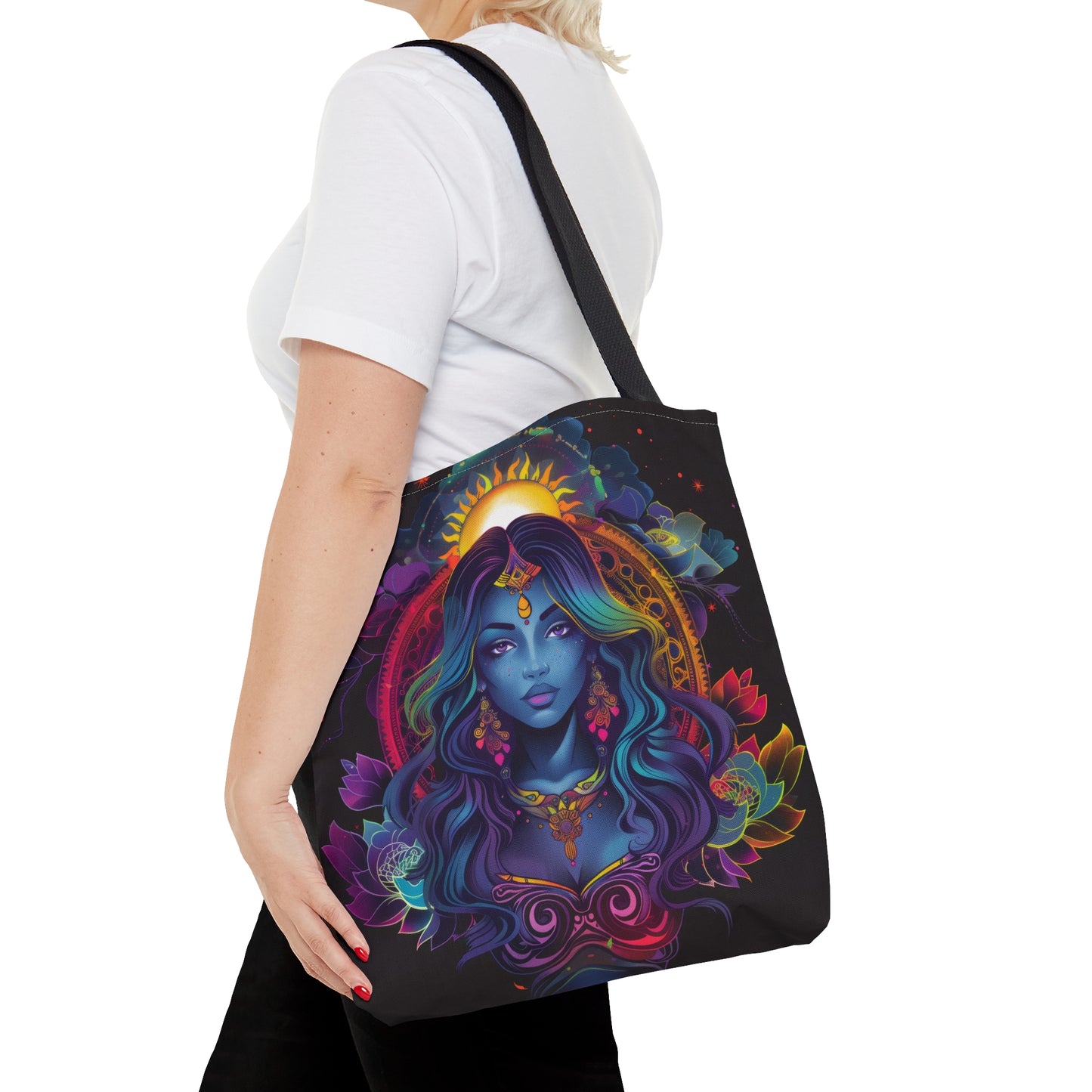 Cosmic Goddess Polyester Tote Bag (Double Sided), Electric Mandala Aesthetic, Galactic Neon Style Fashion, 3 Sizes, Black Handles