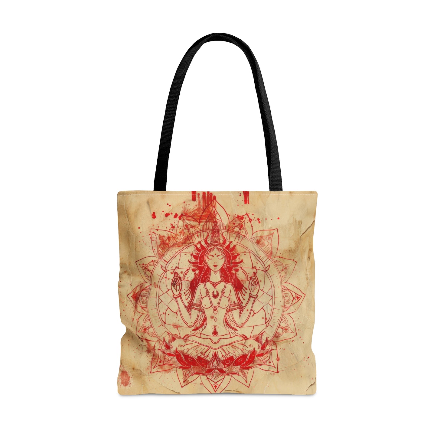 Fire Goddess Polyester Tote Bag (Double Sided), Zen Nature Aesthetic, Sacred Geometry Style Fashion, 3 Sizes, Black Handles