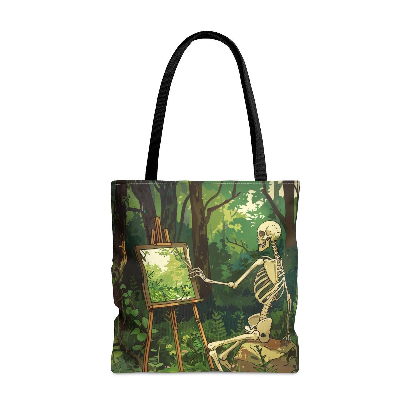 Skeleton Painting Landscape Polyester Tote Bag (Double Sided), Dark Cottagecore Design, Gothic Folk Style Fashion, 3 Sizes, Black Handles