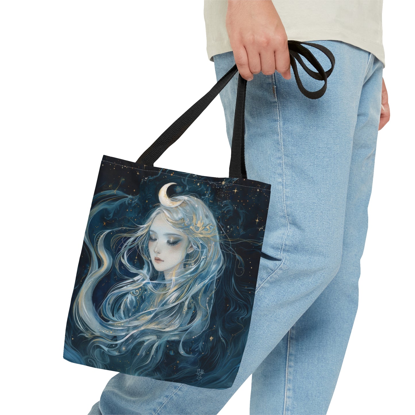 Selene's Moonlit Reverie Tote Bag, Dual-Sided Moon Goddess Design, Celestial Elegance, Ethereal Fashion Accessory