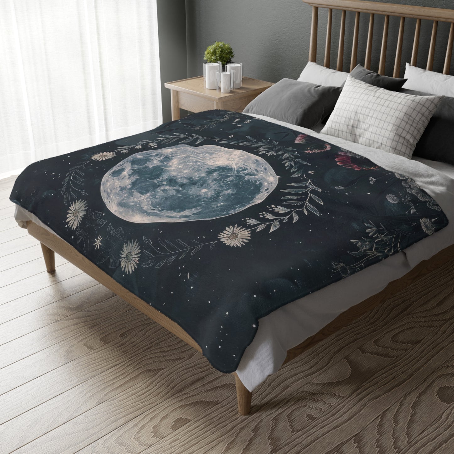 Full Moon & Wildflowers Double Sided Throw Blanket, Witchy Occult Design, Nature Lover Gift, Enchanting Aesthetic Bedroom and Living Room Decor
