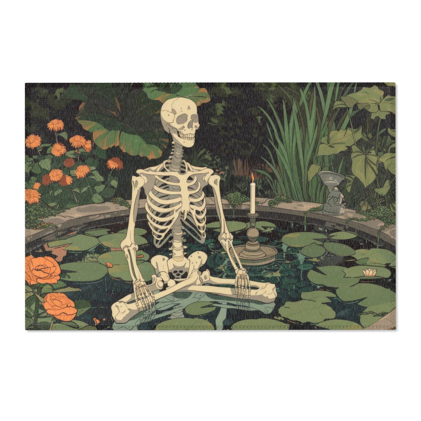 Skeleton Meditating in Zen Garden Chenille Area Rug (3 Sizes), Cottagecore Design, Gothic Folk Aesthetic Bedroom, Living, and Dorm Room Decor