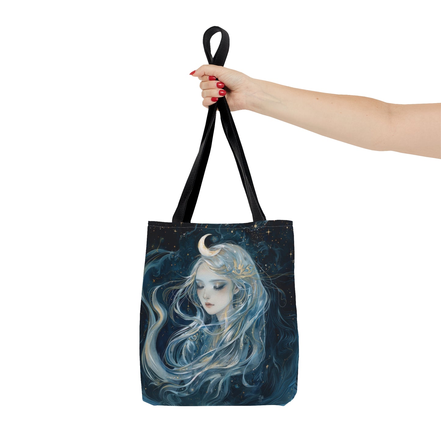 Selene's Moonlit Reverie Tote Bag, Dual-Sided Moon Goddess Design, Celestial Elegance, Ethereal Fashion Accessory