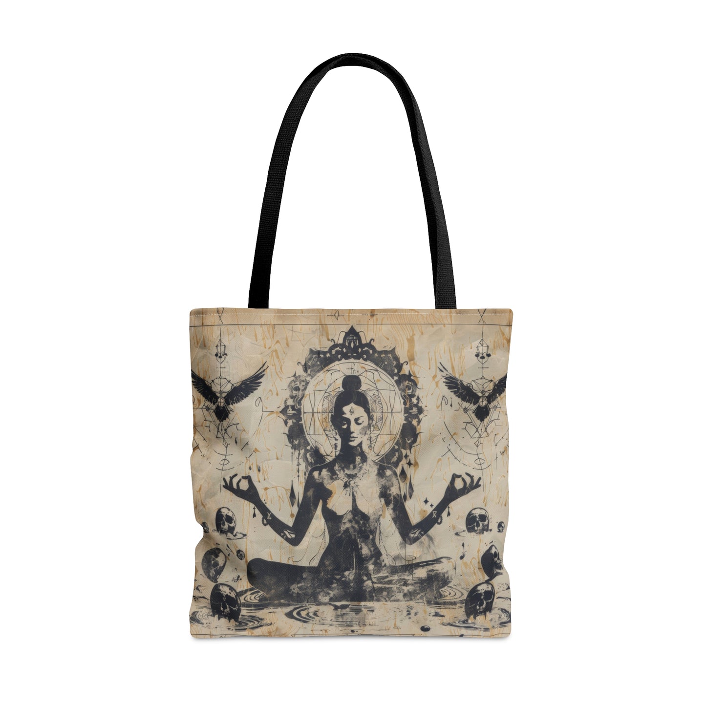 Death Goddess Polyester Tote Bag (Double Sided), Zen Nature Aesthetic, Sacred Geometry Style Fashion, 3 Sizes, Black Handles