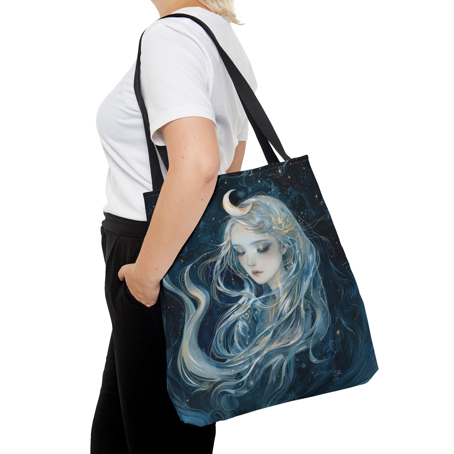 Selene's Moonlit Reverie Tote Bag, Dual-Sided Moon Goddess Design, Celestial Elegance, Ethereal Fashion Accessory