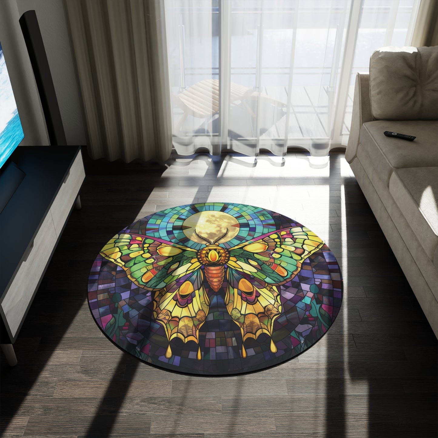 Sunset Moth & Full Moon Stained Glass Style Chenille Rug, Vivid Nature-Inspired Design, Artistic Decor for Home, Meditation & Rest Areas