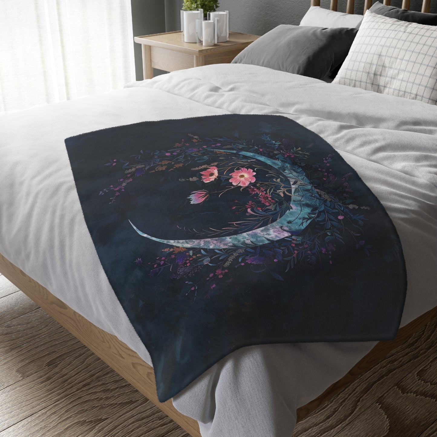 Crescent Moon & Wildflowers 2-Sided Throw Blanket, Witchy Occult Design, Moon Lover Gift, Enchanting Aesthetic Bedroom and Living Room Decor
