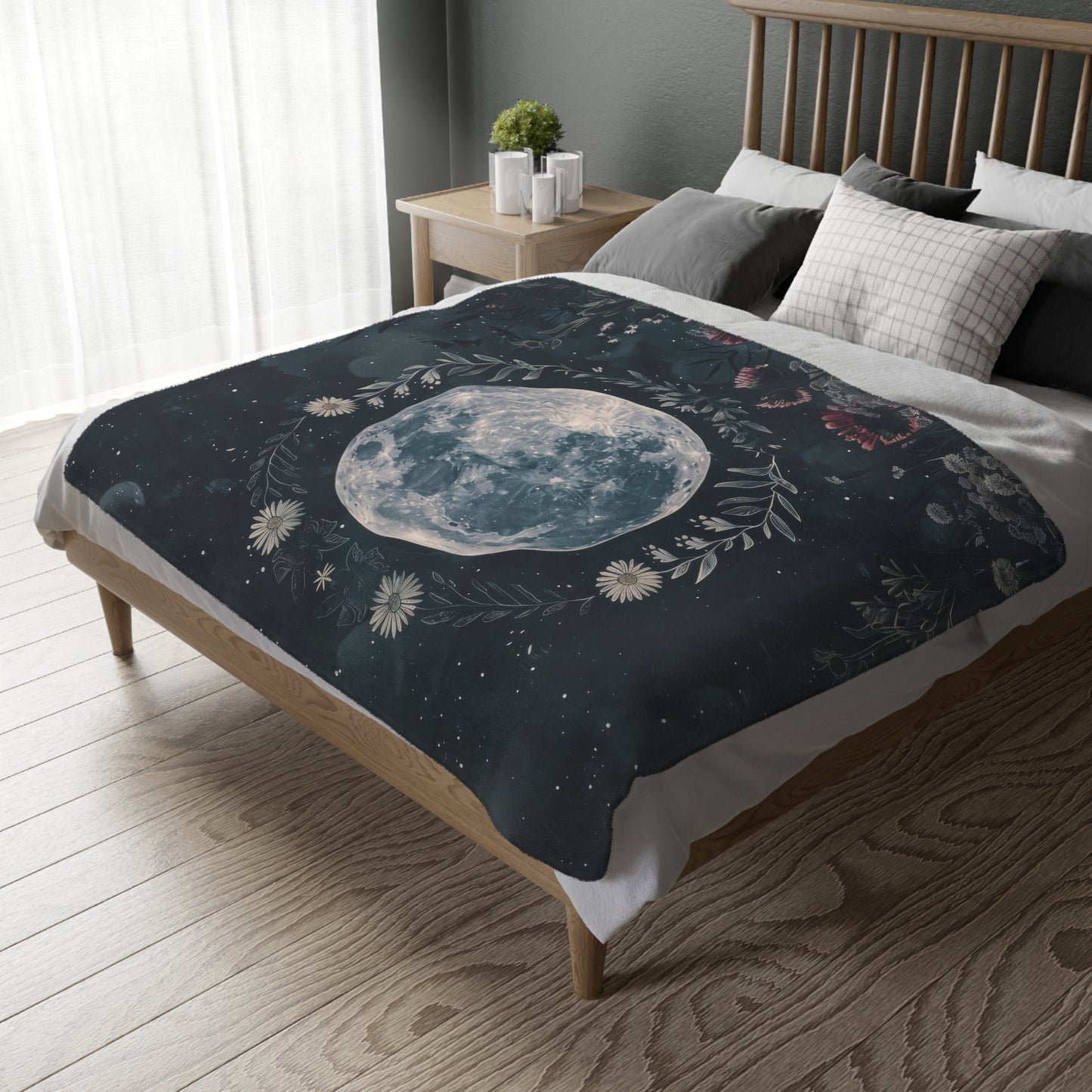 Full Moon & Wildflowers Double Sided Throw Blanket, Witchy Occult Design, Nature Lover Gift, Enchanting Aesthetic Bedroom and Living Room Decor
