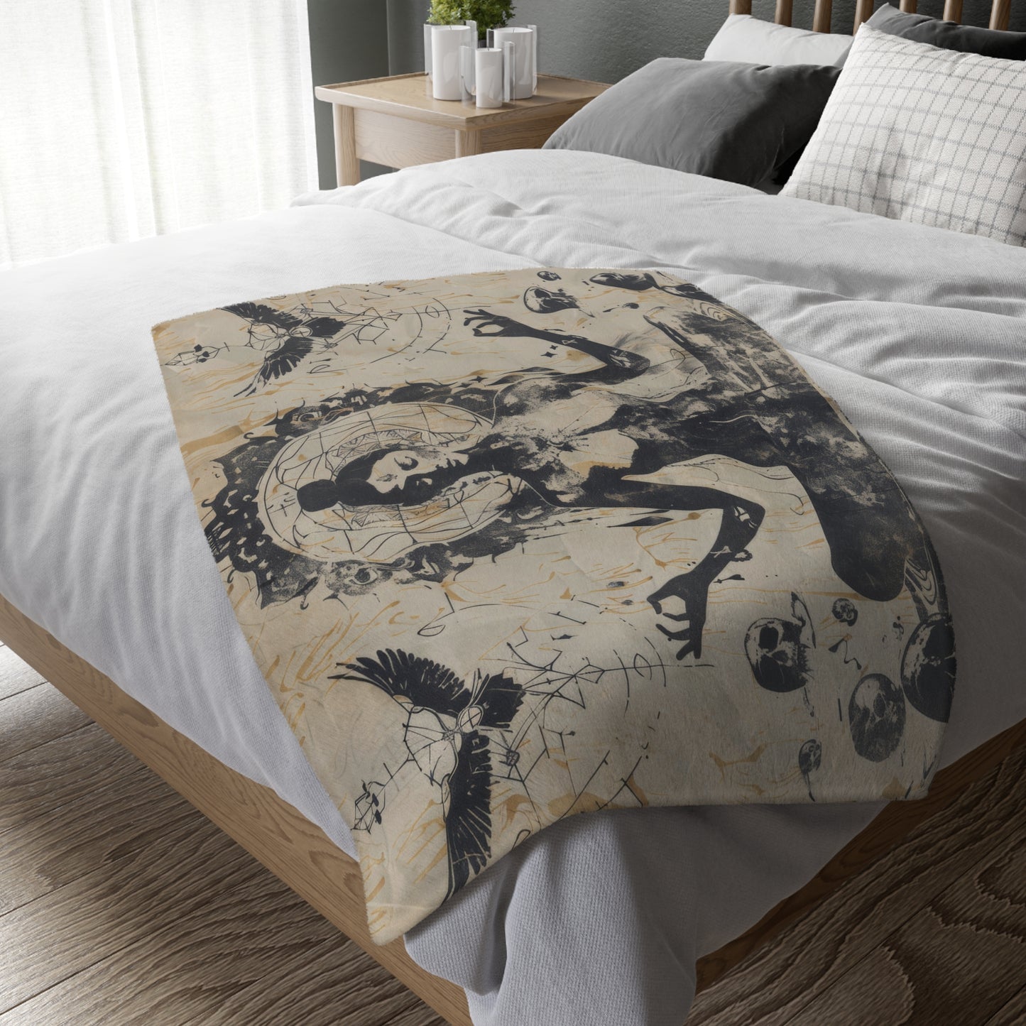 Death Goddess Two-Sided Throw Blanket, Mystical Occult Design, Sacred Geometry Aesthetic, Enchanting Bedroom and Living Room Decor