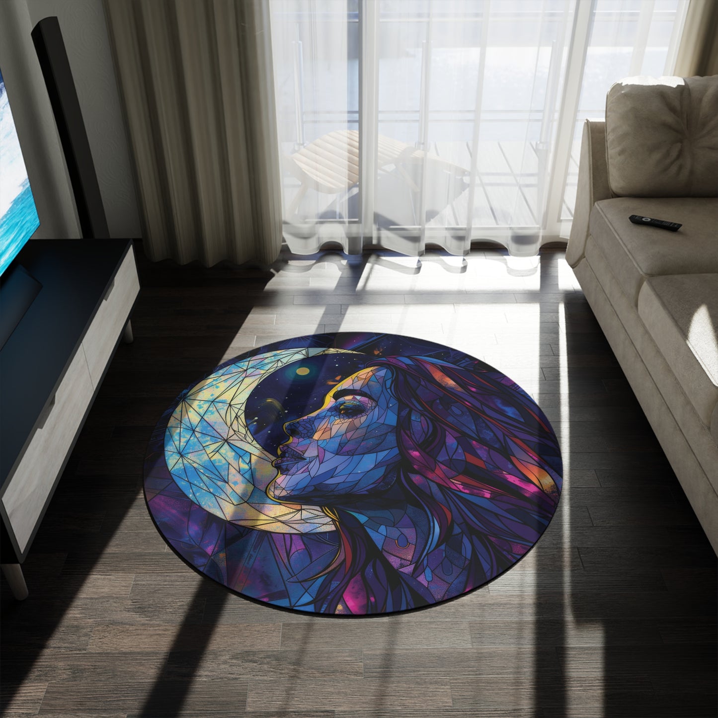 Moonlit Muse Stained Glass Chenille Round Rug, Celestial Lunar Goddess Design, Mystical Decor for Meditation & Tranquil Living Spaces