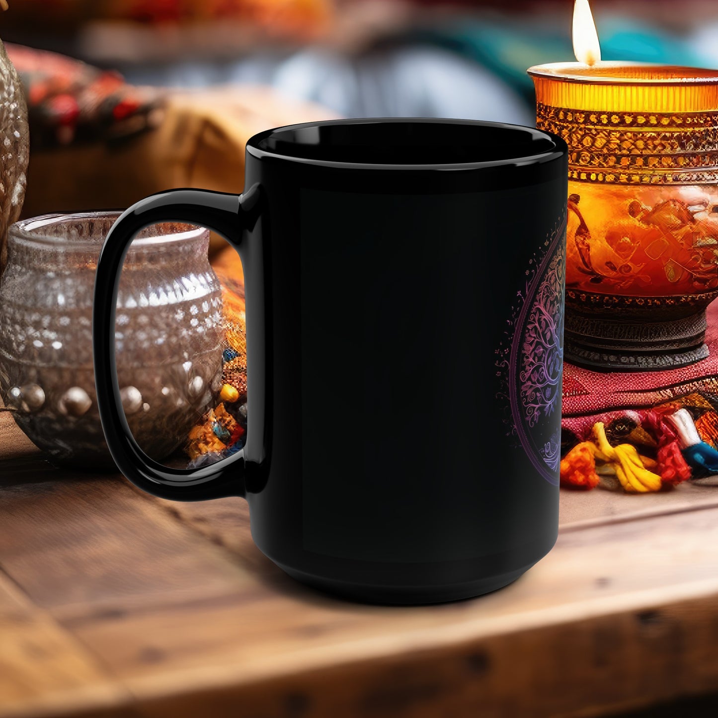 Mystic Arbor 15oz Black Ceramic Mug, Enchanted Tree of Life Motif, Magical Spectrum Design, Folklore Forest Decor, Radiant Nature Drinkware
