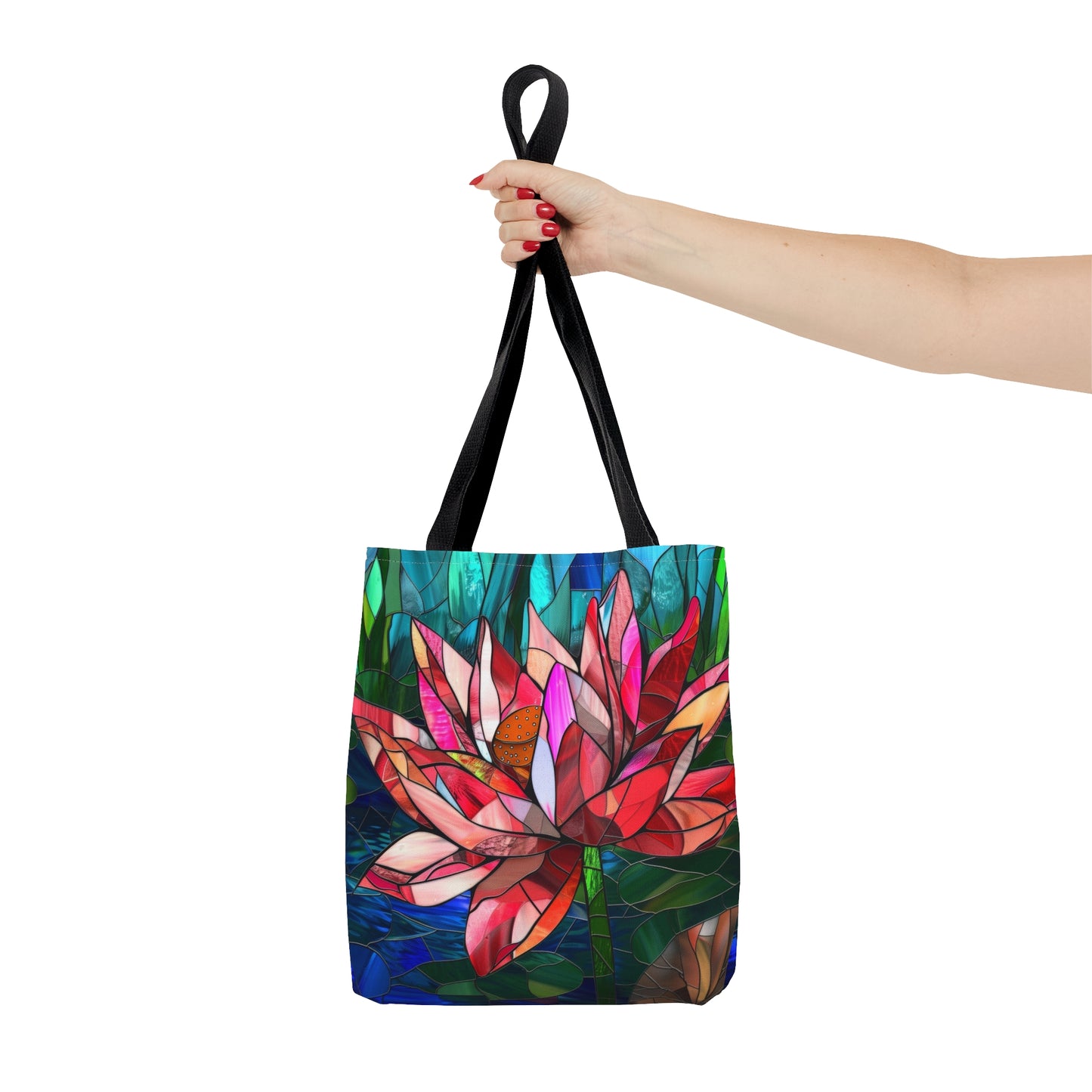 Stained Glass Lotus Elegance Tote Bag with Black Handles, Vibrant Floral Carryall, Chic Accessory for Stylish Outings & Market Visits