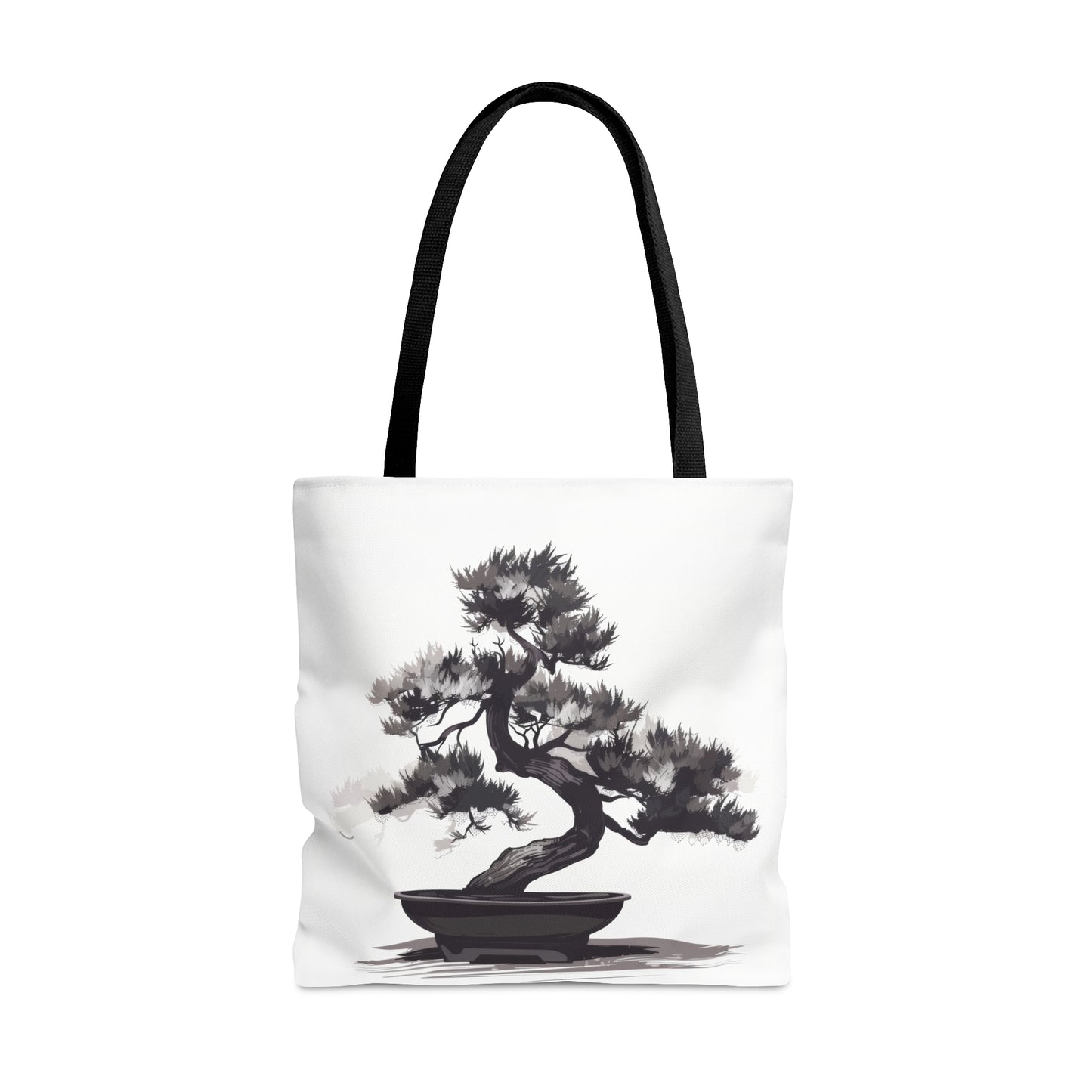 Chinese Ink Style Bonsai Tree Double Sided Tote Bag, Simple Minimalist Aesthetic, Zen Nature Fashion Style, Black Handles, 3 Sizes