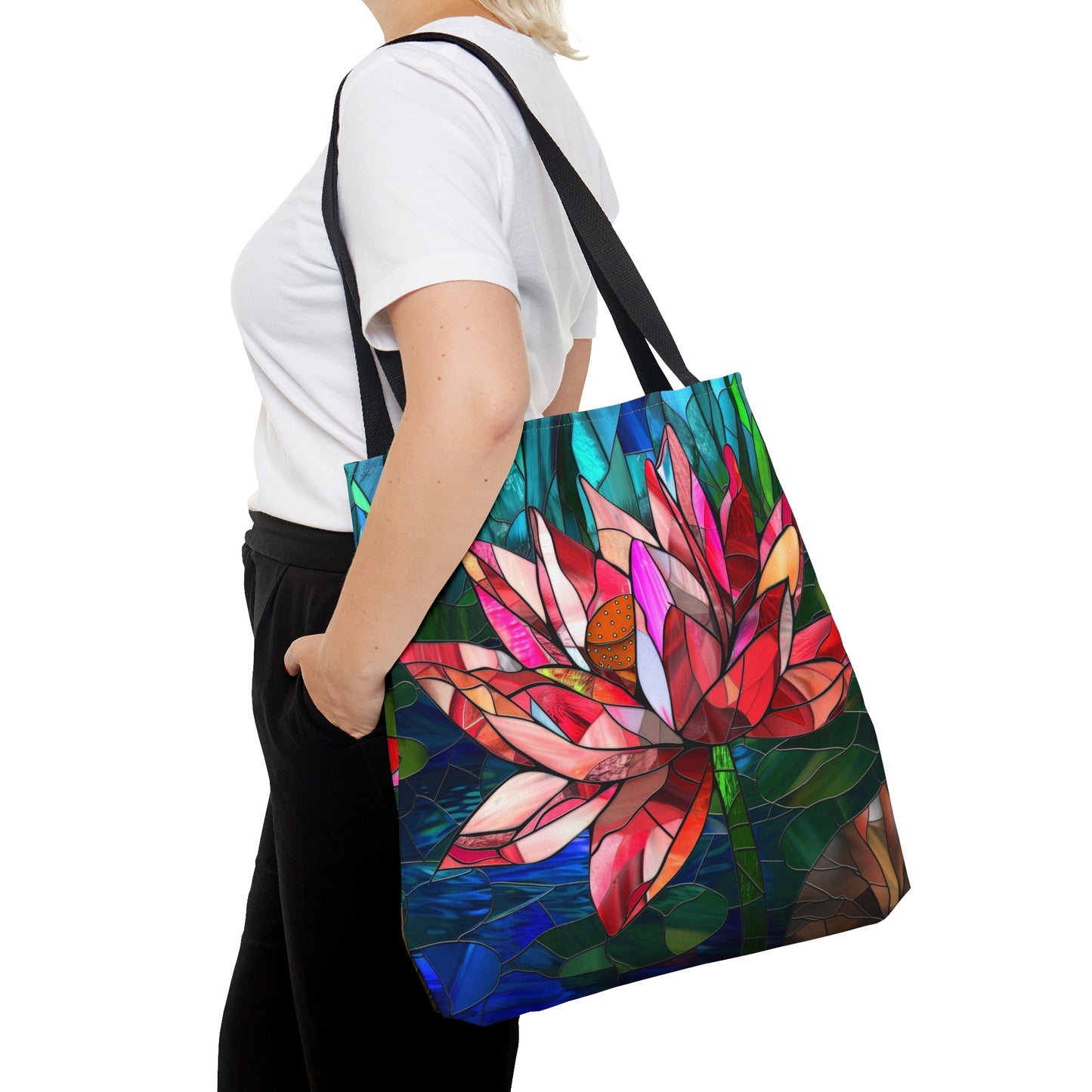 Stained Glass Lotus Elegance Tote Bag with Black Handles, Vibrant Floral Carryall, Chic Accessory for Stylish Outings & Market Visits