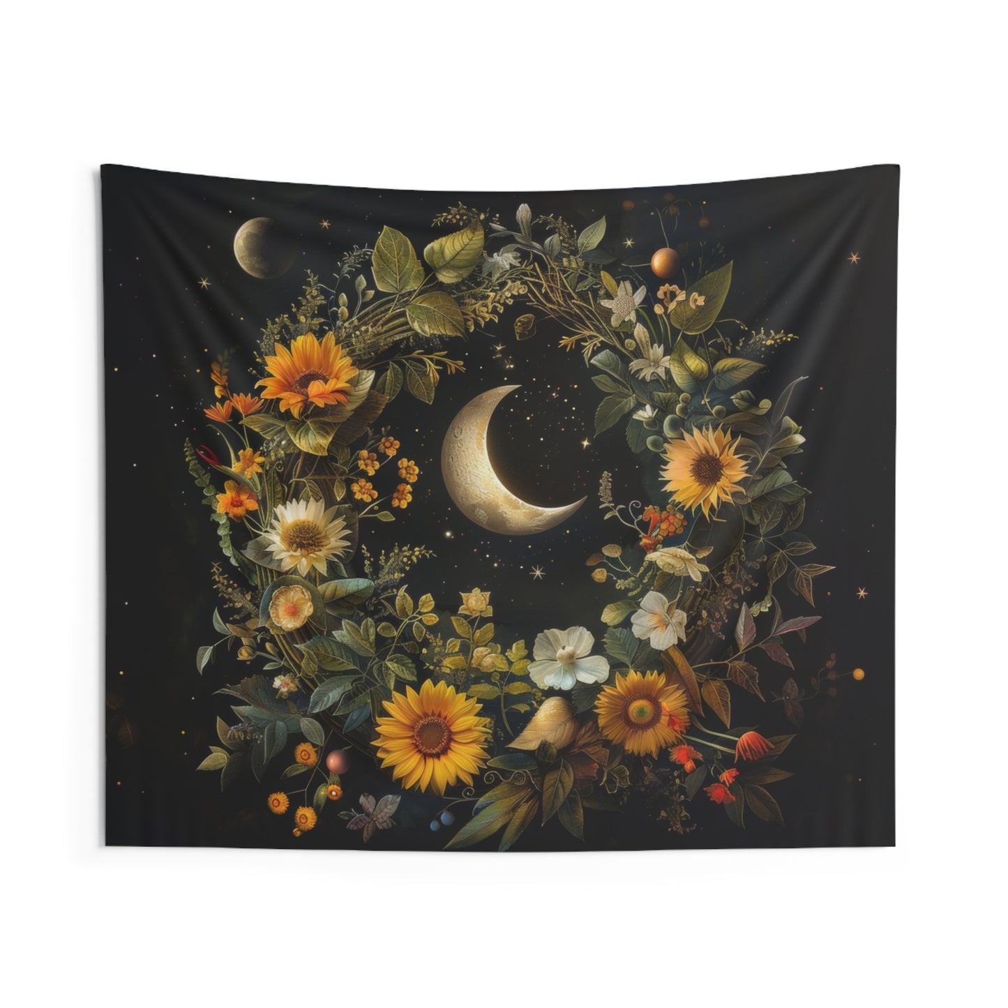 Crescent Moon & Wildflower Mandala Indoor Wall Tapestry, Dark Cottagecore Design, Nature Aesthetic Bedroom, Living, and Dorm Room Decor