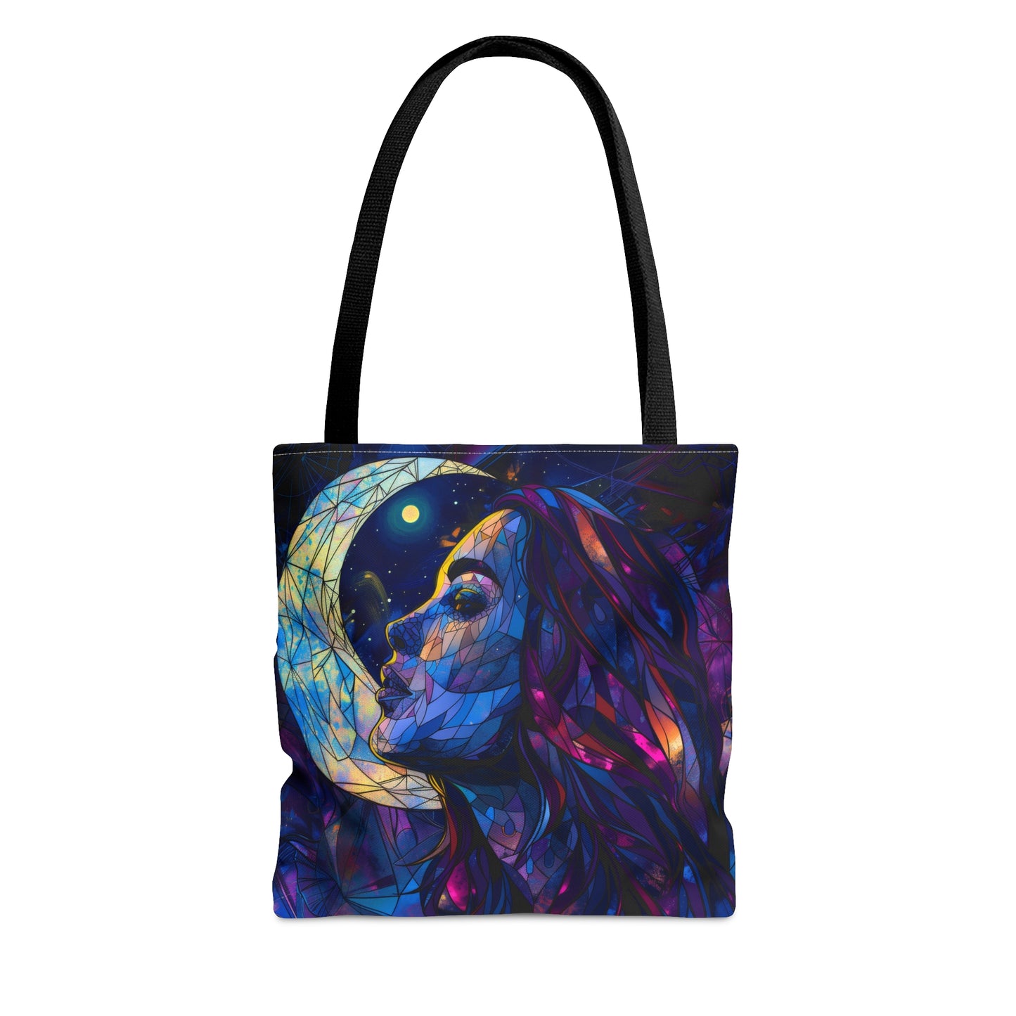 Celestial Lunar Goddess Stained Glass Tote Bag, Ethereal Night Sky Design, Artistic Carryall with Black Handles for Daily Use & Inspiration