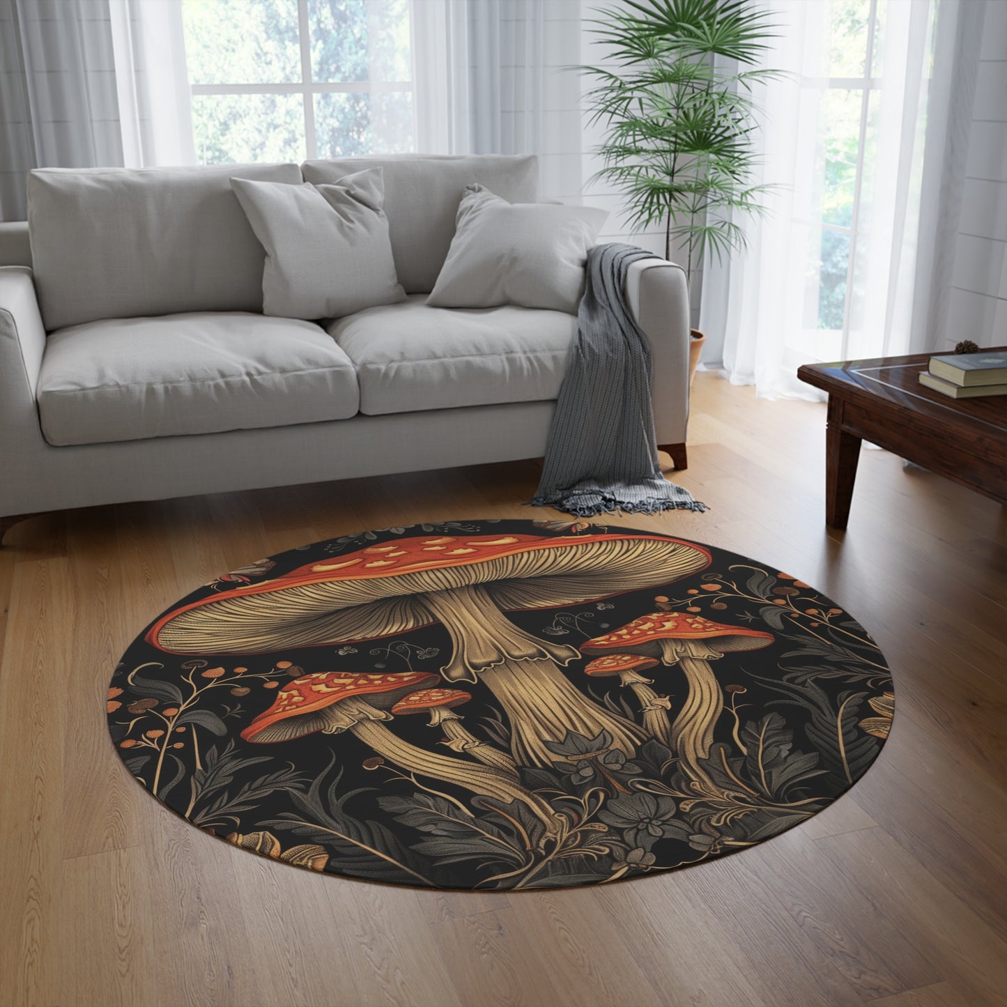 Mushrooms & Wildflowers Chenille Round Area Rug, Mystical Folk Design, Dark Cottagecore Bedroom, Living and Meditation Space Decor