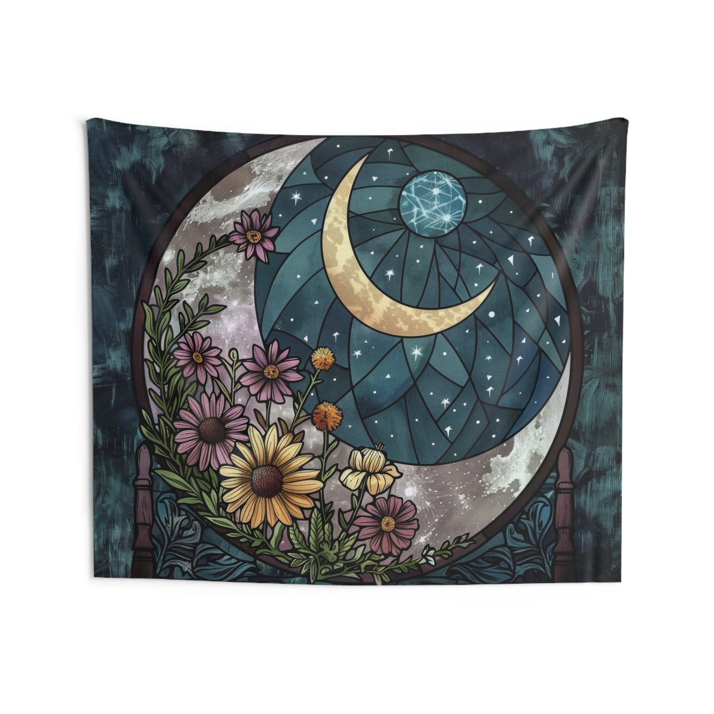 Enchanted Night Blooms & Crescent Moon Wall Tapestry, Stained Glass Style Floral Art, Mystic Decor for Peaceful & Dreamy Spaces