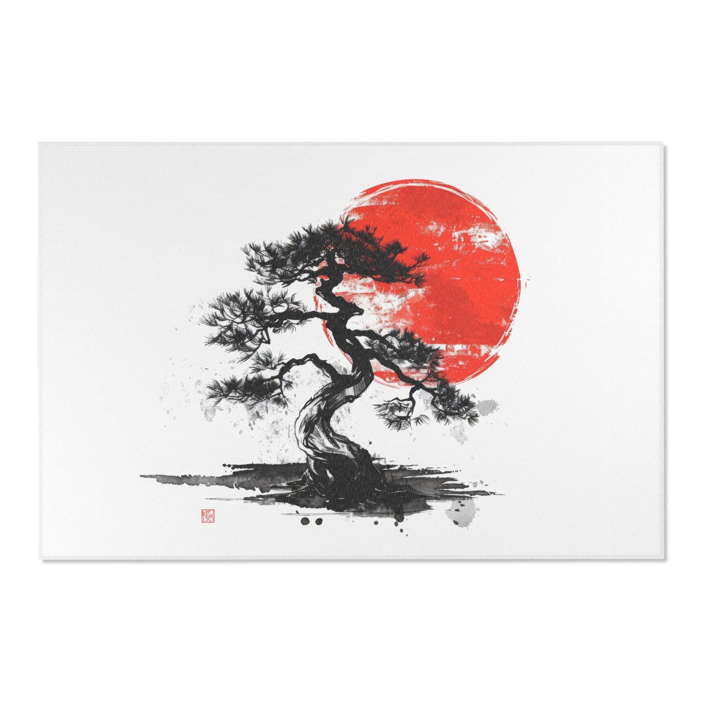 Traditional Chinese Bonsai & Red Sun Chenille Area Rug, Elegant Ink Wash Style Art, Serene Zen Decor for Home, Bedroom, Living Space, and Dorms