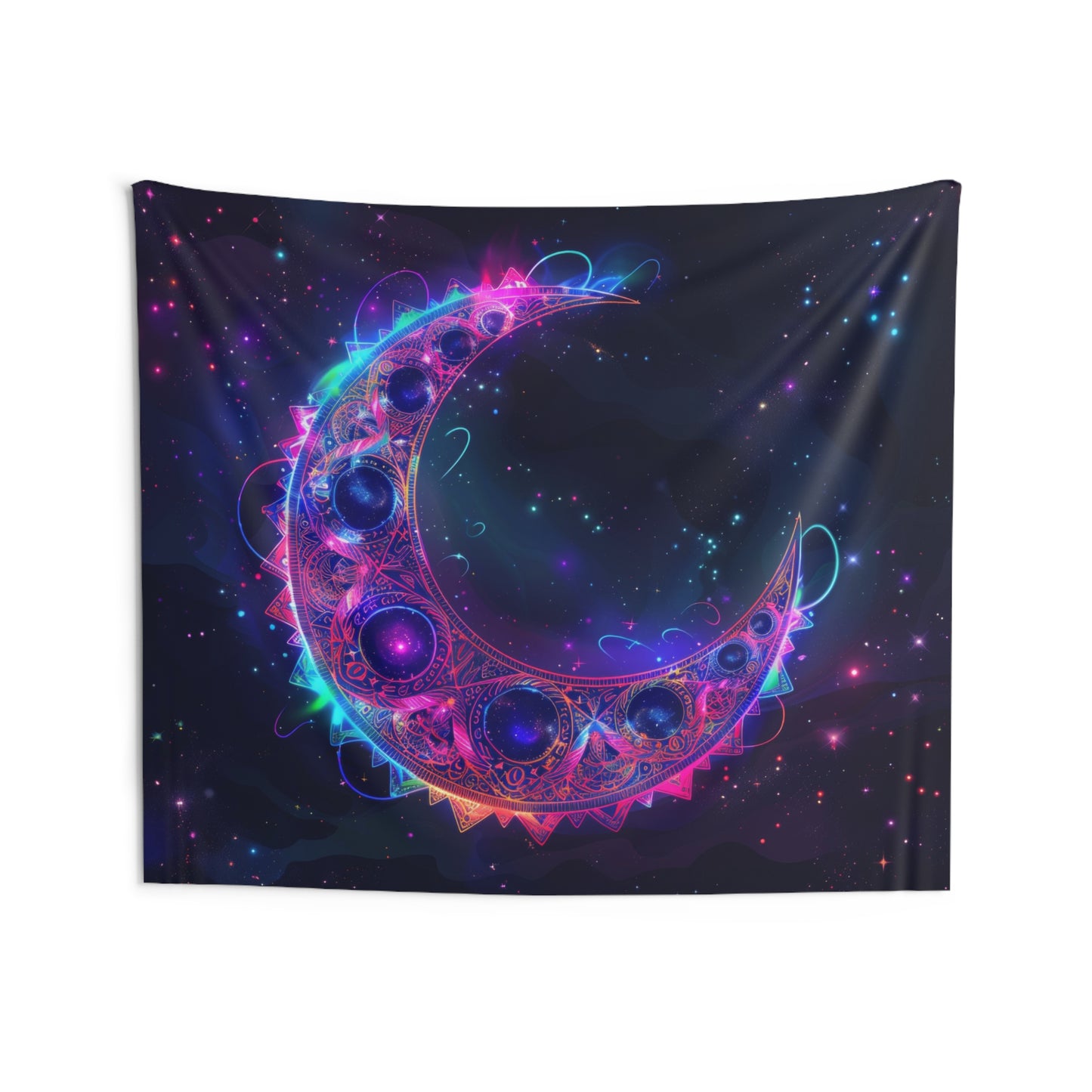Vibrant Crescent Moon & Electric Mandala Wall Tapestry – Cosmic Harmony Decor for Home & Dorm